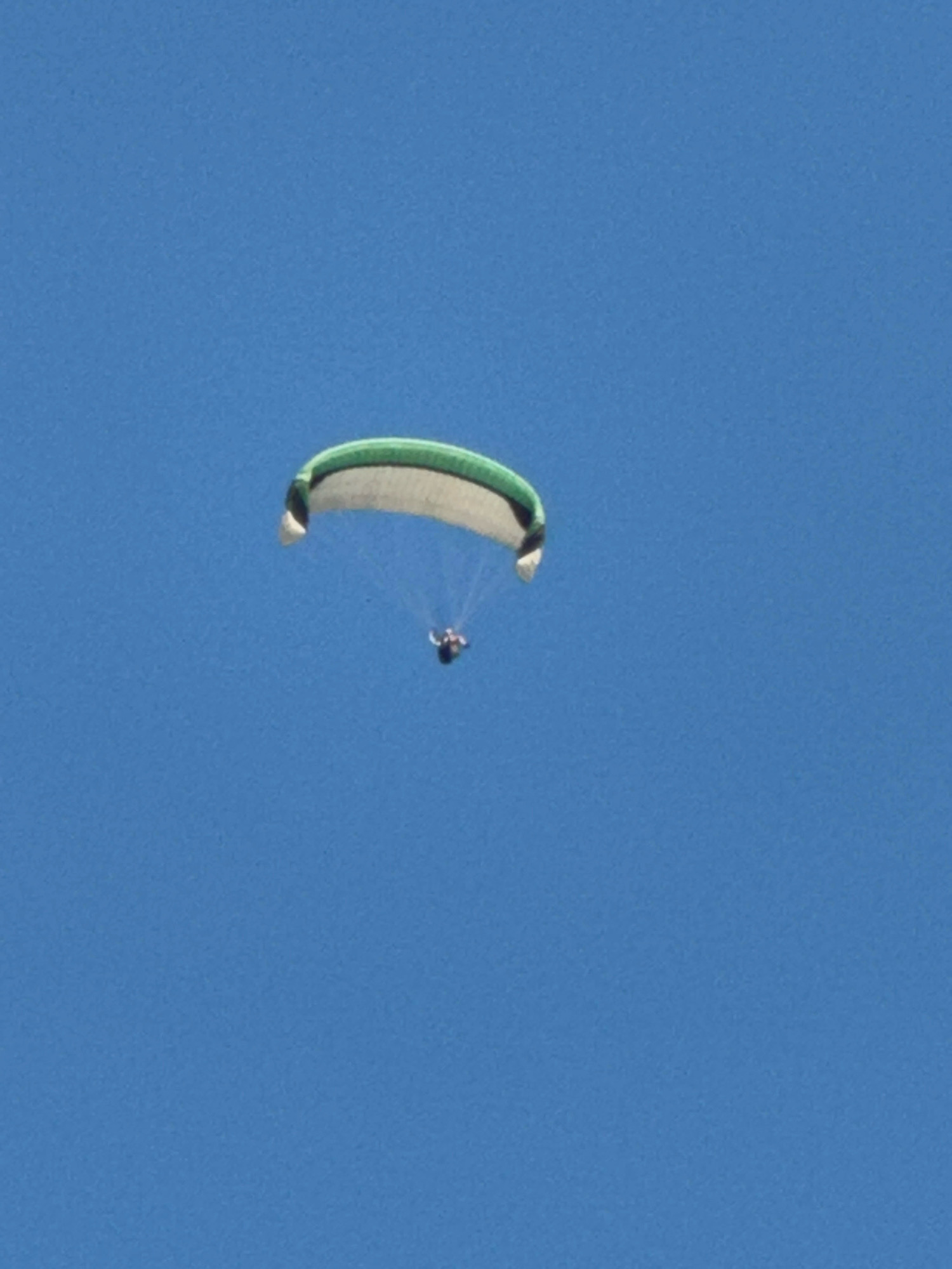 A paraglider is suspended in a clear blue sky, illuminated by daylight. The paraglider's wing is predominantly white with a green trim along its upper edge. Below the wing, a person is visible, seated in a harness. The paraglider is positioned centrally in the frame, with ample space of the sky surrounding it. The image does not provide any discernible context of a city or specific location like Boreti, Montenegro.