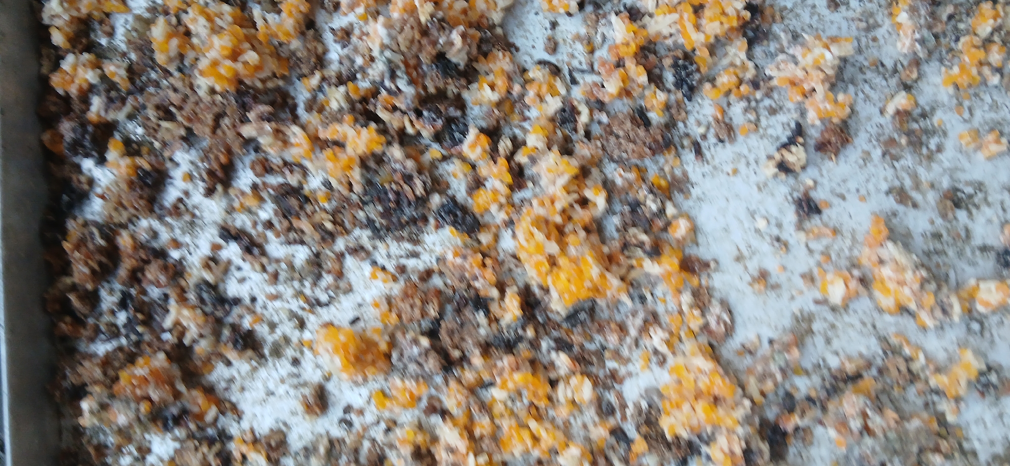 This is a close-up, vertical, slightly angled shot of a light gray, textured surface littered with small, irregularly shaped debris. The debris consists of granular material in shades of brown, tan, and orange. Some pieces are clumped together, while others are scattered individually. The orange material appears to be more crystalline or fragmented, while the brown and tan elements are more granular and fibrous. The overall impression is that of food remnants or organic waste. The location is identified as Kademangan Kulon, Indonesia, though no specific landmarks or environmental context are visible in the image itself.