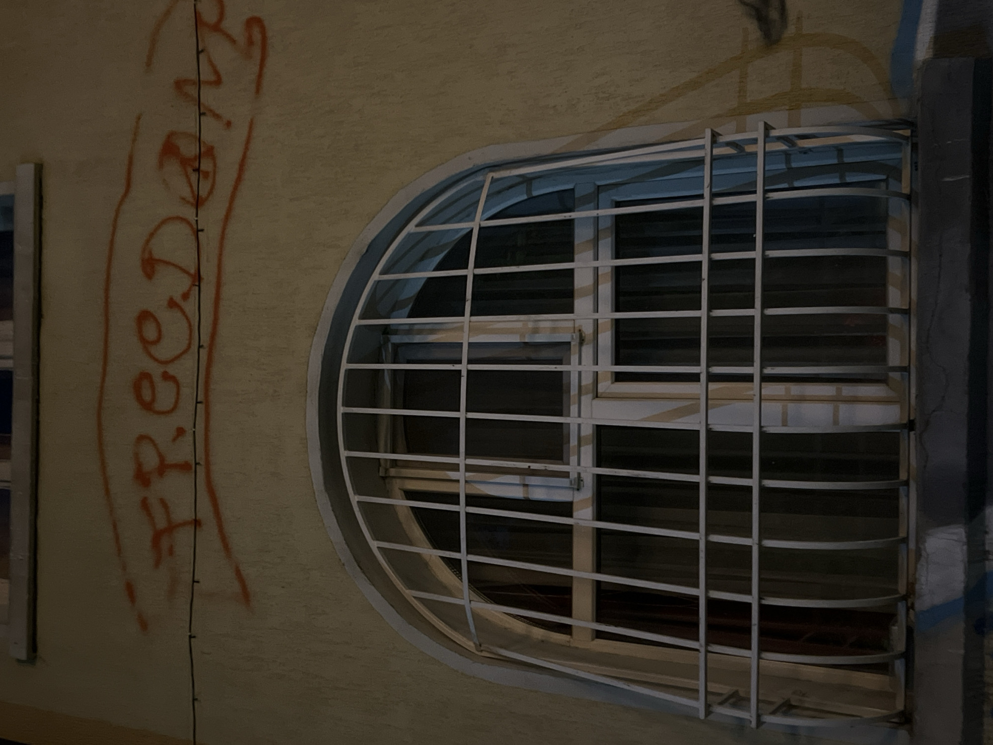 The image depicts a building facade in Sofia, Bulgaria, with red graffiti spelling out "FREEDOM" across the upper portion of the wall. Below the graffiti is a large, arched window covered by a white metal grate. The window itself appears to be divided into several panes, with dark curtains visible behind the glass. The overall lighting suggests the photo was taken at night, casting shadows and highlighting the textures of the wall and the metal bars. The architectural style and the presence of graffiti suggest an urban setting, likely a residential or commercial building.