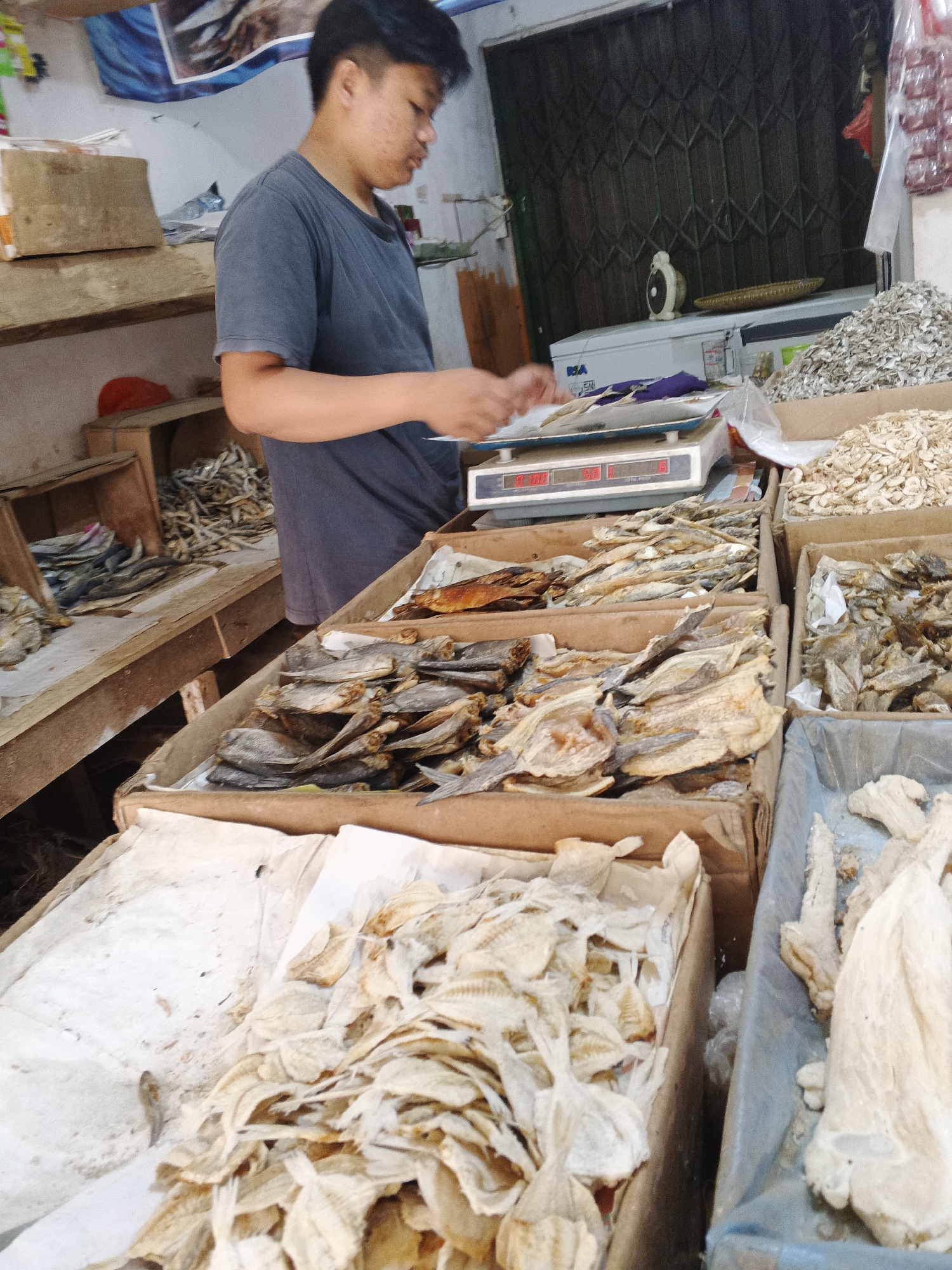 This image depicts a market stall in Warungkiara, Indonesia, specializing in dried fish. A young man, likely a vendor, is seen operating a digital scale, weighing a portion of dried fish. The stall is filled with various types of dried fish displayed in wooden crates and cardboard boxes. Some of the fish are small and silver, while others are larger, flatter, and golden-brown. In the background, a metal security shutter is visible, along with a white freezer unit and a pile of dried anchovies. The overall scene suggests a typical Indonesian marketplace environment.