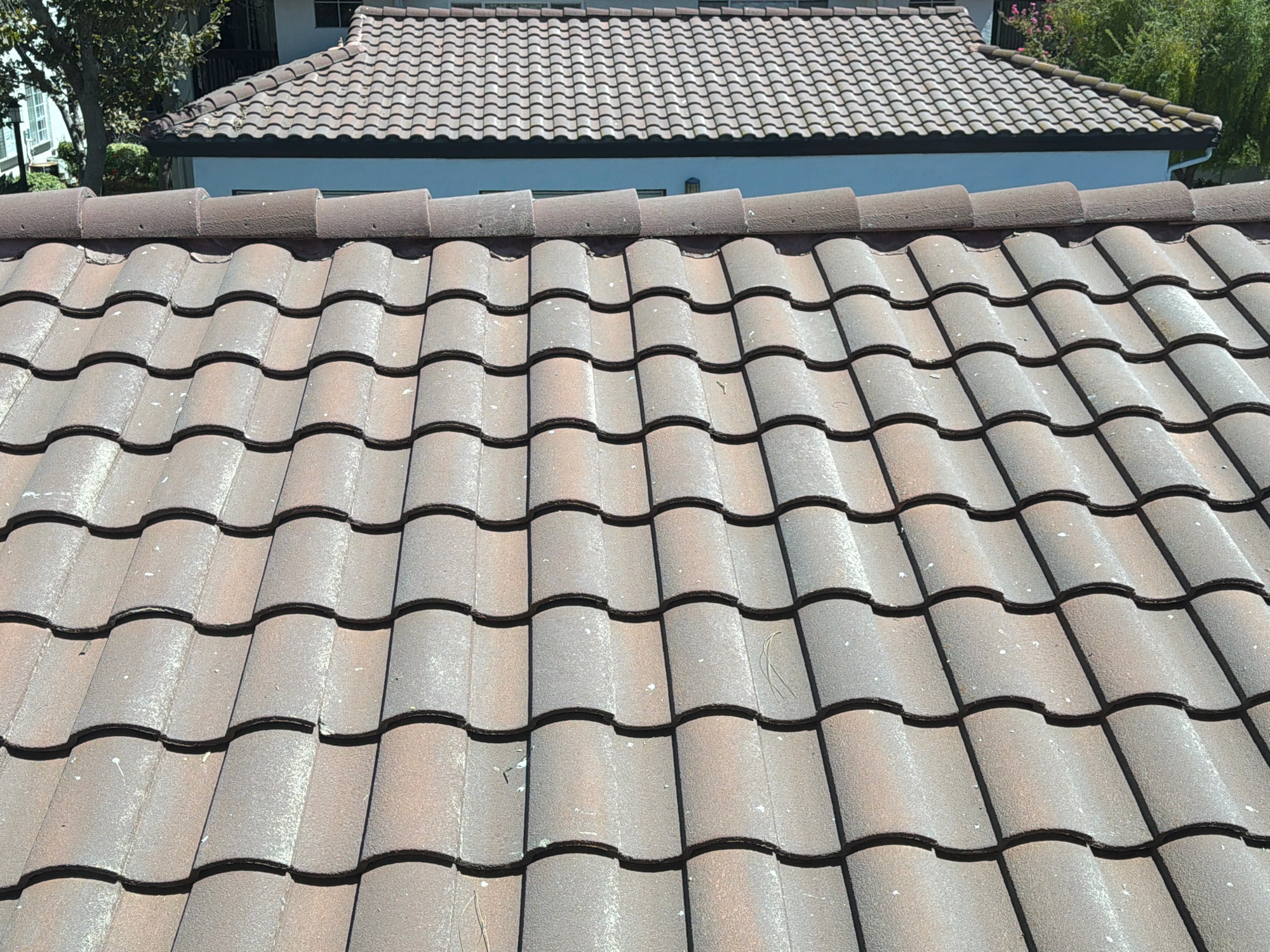 The image shows a close-up view of a roof covered in brown, interlocking clay tiles. The tiles have a weathered appearance with some lighter, chalky residue on their surfaces, suggesting possible mineral deposits or staining. The roof is angled, with rows of tiles running horizontally and vertically. In the background, a second, slightly lighter colored tiled roof is visible, also made of interlocking tiles. Above this second roof, a portion of a light-colored building with white trim and windows can be seen. Green trees with dense foliage are present to the left and right of the background structure, partially obscuring it. The scene appears to be outdoors, under natural lighting, with shadows indicating a sunny day. The location is identified as Oak Park, United States of America.