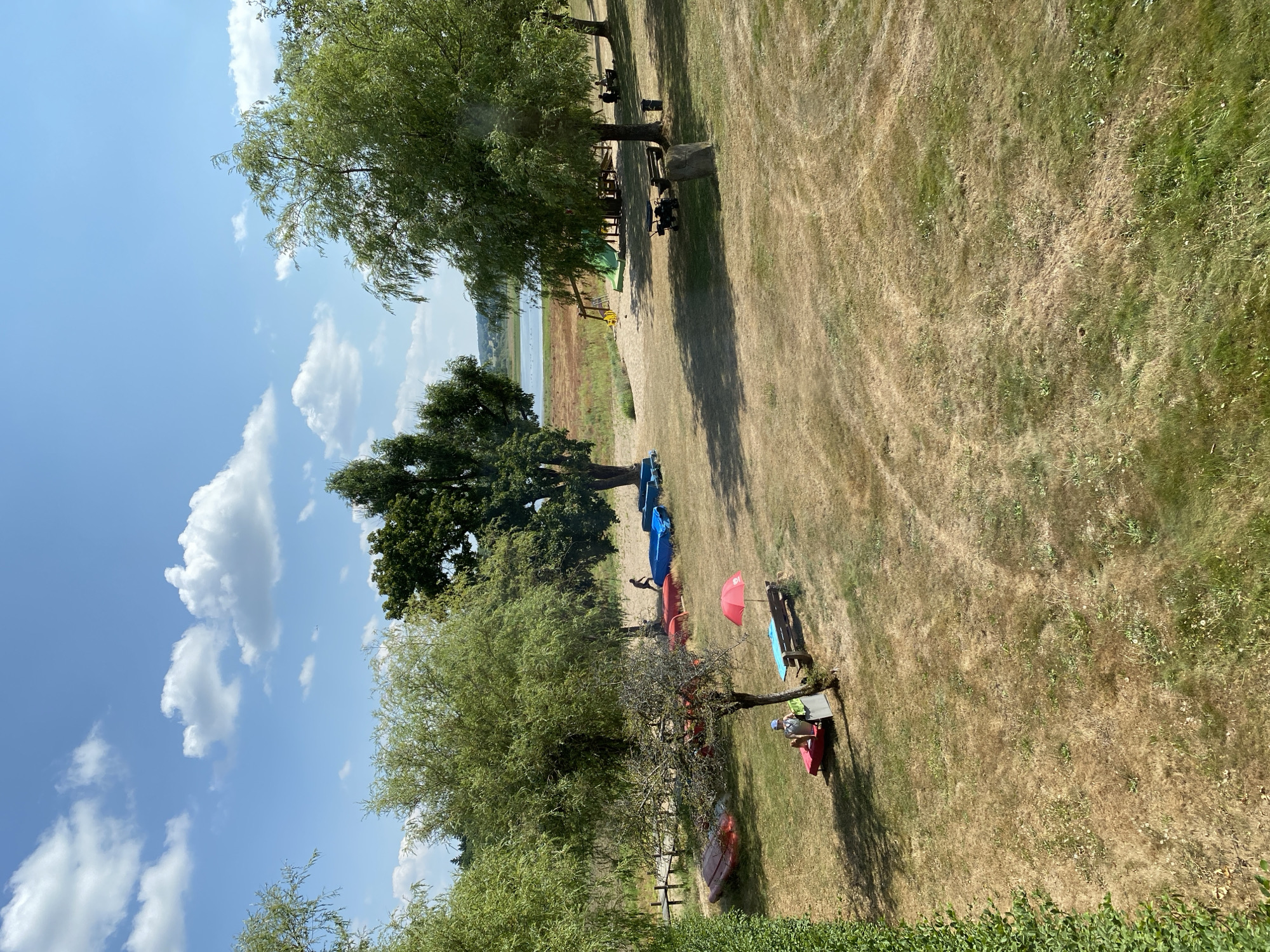 The image captures a sunny day at a waterfront location in Steinebach an der Wied, Germany. In the foreground, a person is relaxing on a red lounge chair under a small tree, with a red umbrella providing shade over a picnic bench. Scattered around the grassy area are several red and blue boats. Further back, a sandy beach leads to a body of water, possibly a lake, with a distant shoreline. A playground structure with yellow and green elements is visible on the sand. Trees with lush green foliage are interspersed throughout the scene, with some appearing to be willow trees due to their drooping branches. The sky is blue with scattered white clouds. The overall impression is of a tranquil recreational area on a bright summer day.