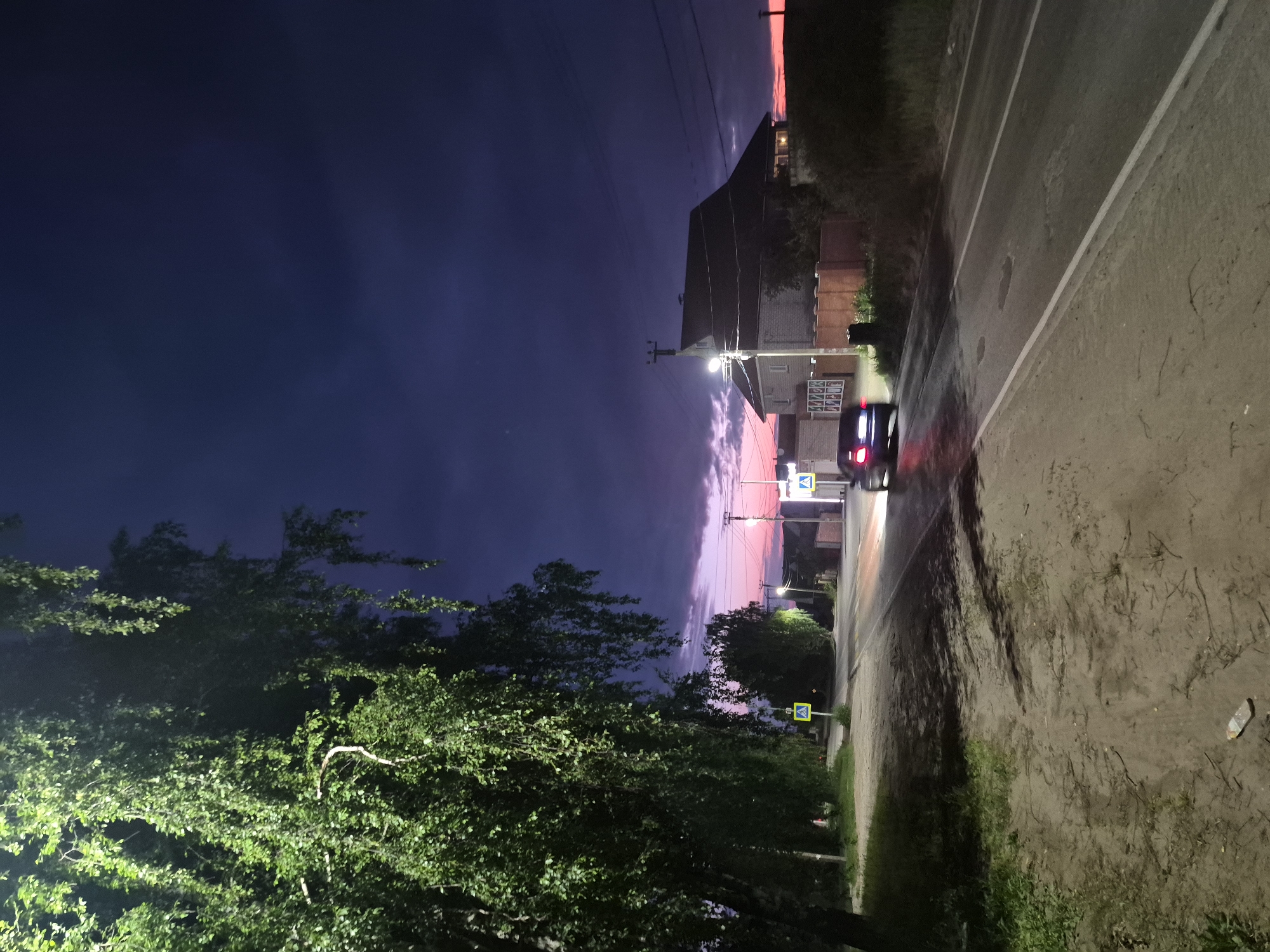 The image depicts a twilight scene on a road in Chaikovsky, Russia. A prominent birch tree with hanging branches is illuminated on the left side of the frame, casting shadows. A dark-colored car is driving away from the camera on the paved road, with its taillights illuminated. To the right of the road, a two-story house with a pitched roof is visible, partially lit by an overhead streetlamp. The sky is a deep purple with streaks of pink and orange from the setting sun. There are several pedestrian crossing signs with yellow triangles and black pedestrian figures along the side of the road. A dirt path runs along the left edge of the road, with some sparse vegetation. The scene suggests a quiet, rural or suburban setting at dusk.