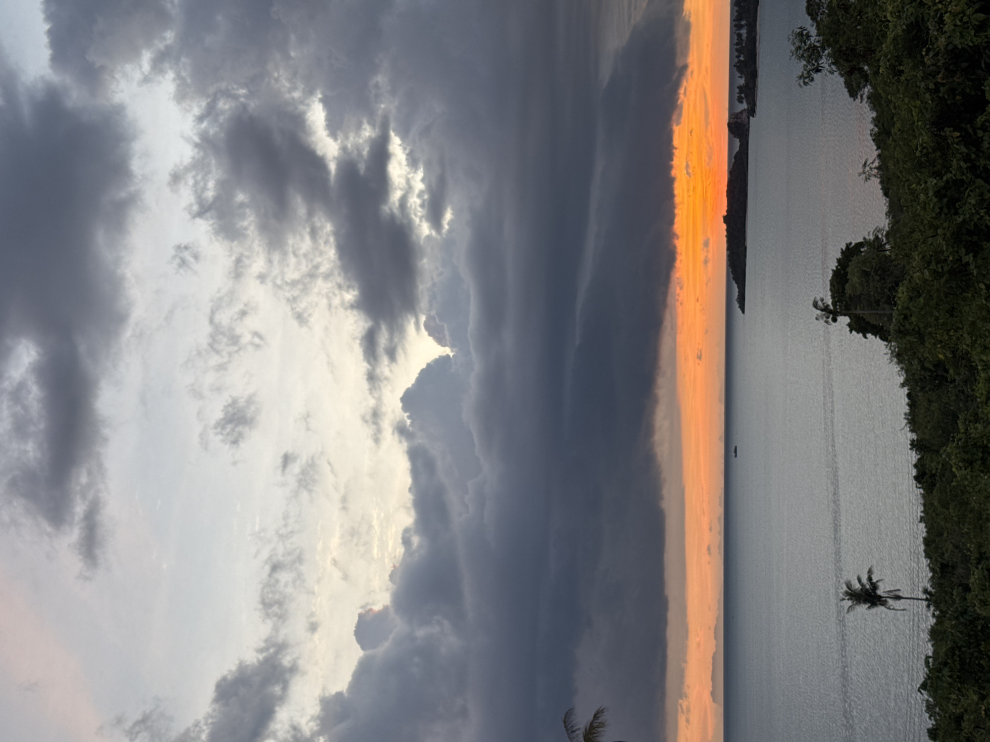 This is a landscape photograph taken at eye level, depicting a dramatic sunset over a calm body of water. The sky is filled with dark, textured clouds in various shades of gray, with streaks of orange and yellow light breaking through near the horizon. The sun is not directly visible, but its intense glow illuminates the clouds from behind. The water is a muted gray, reflecting the subdued colors of the sky.
In the foreground, a lush, green landscape of trees and foliage covers the lower portion of the image. A single palm tree stands prominently on the left side, its fronds silhouetted against the sky. On the right, another palm tree is visible. In the distance, across the water, a peninsula juts out, dotted with more palm trees and dense vegetation. Several small islands or landmasses are visible on the far horizon, appearing as dark shapes against the colorful sky. A small boat is also visible on the water, appearing as a dark speck. The overall atmosphere is serene and majestic, with the dramatic sky dominating the scene.