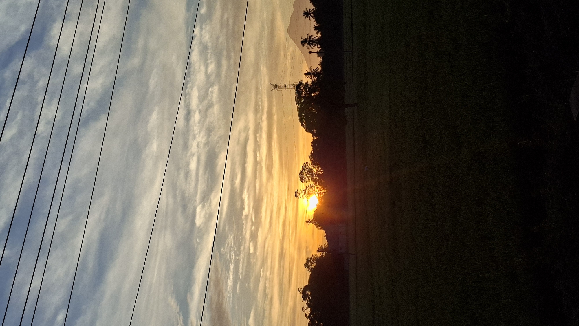 This image depicts a sunrise over a rural landscape in the city of Sinyeu, Indonesia. The foreground is dominated by a dark silhouette of a field, likely rice paddies, with a single tree casting a long shadow. In the midground, a line of trees forms a dark silhouette against the brightly lit sky, with a glimpse of a house structure visible within the treeline. A tall transmission tower stands to the right of the trees, and a mountain peak is visible in the far distance. The sky is filled with wispy clouds, painted in hues of orange, yellow, and blue by the rising sun. Overhead, power lines stretch horizontally across the frame, partially obscuring the sky. The overall impression is one of a peaceful, rural morning.