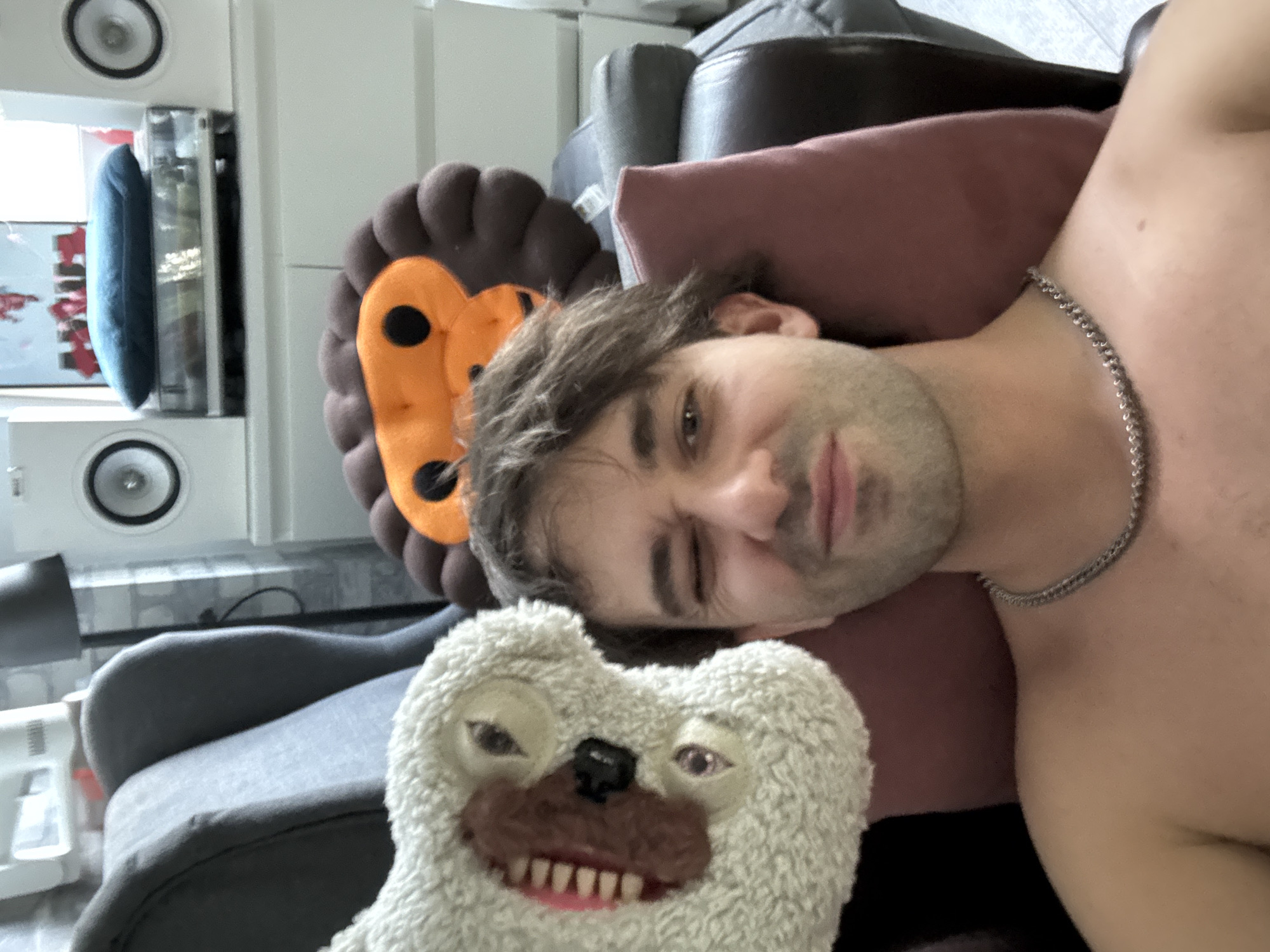 A man is lying down on a grey chair and a maroon pillow. He is wearing a silver necklace. Next to his head is a stuffed lion and a stuffed animal with teeth. There is a white cabinet behind the chair and a speaker is mounted on the cabinet.