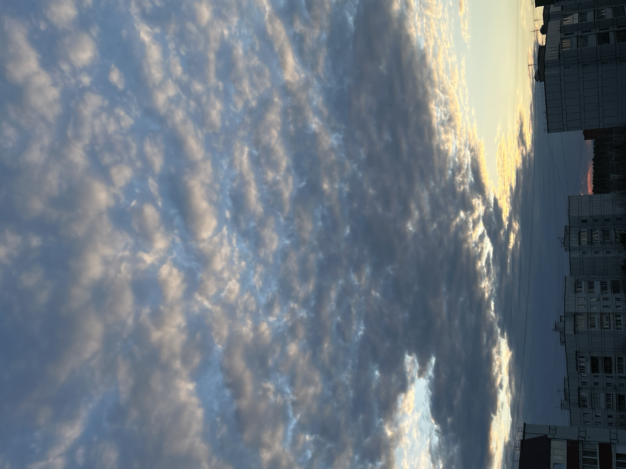 The image shows a view of the sky in Chaikovsky, Russia, with buildings visible along the right edge. The sky is filled with altocumulus clouds, some darker than others, with lighter patches showing through. Sunlight illuminates the tops of the clouds. Power lines run horizontally across the upper-right quadrant of the image. The tops of trees are visible in the background to the right of the buildings. The buildings are multi-story residential structures with numerous windows.