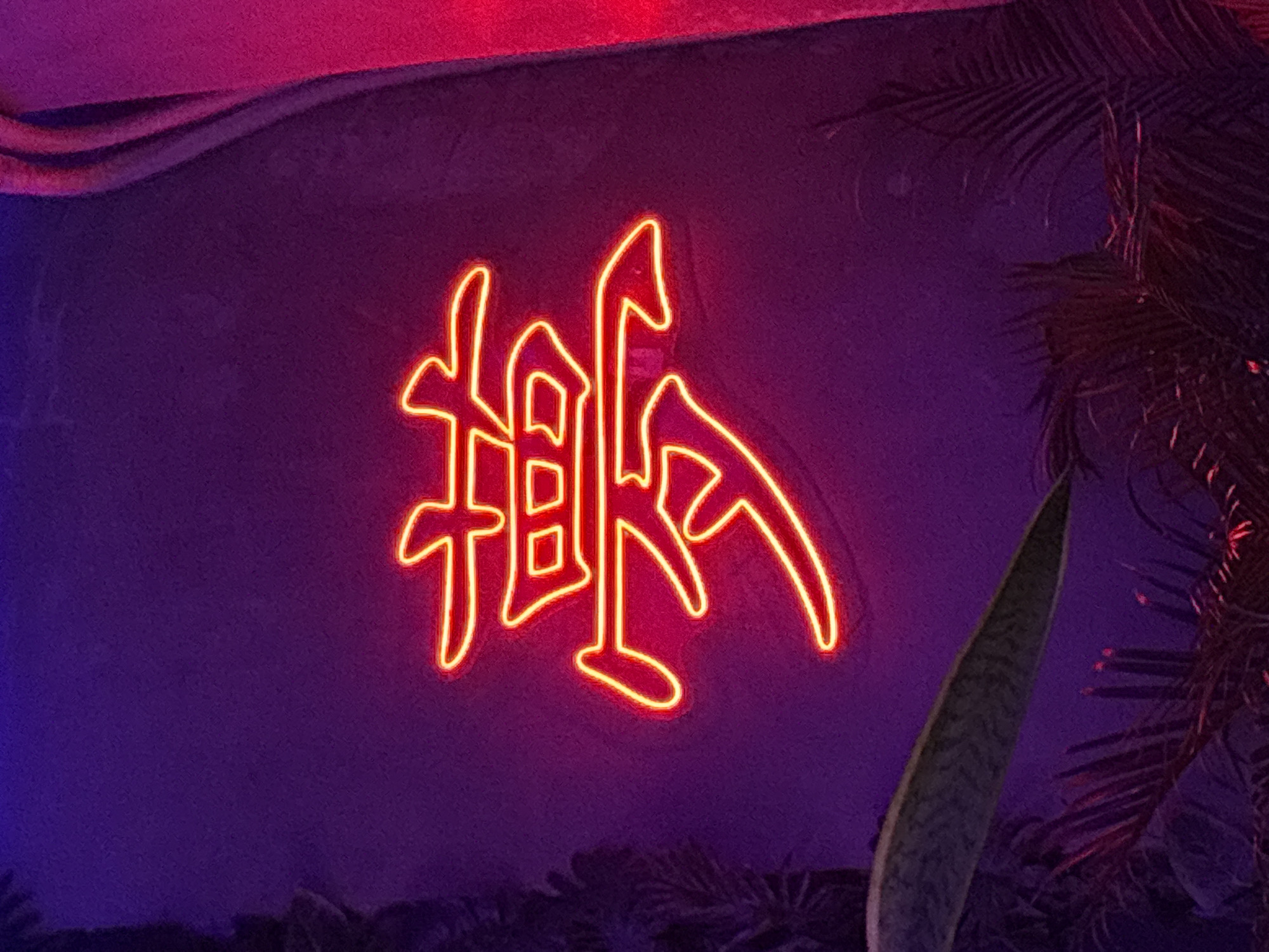 The image captures a neon sign displaying a Chinese character. The sign is lit in a warm, reddish-orange hue, contrasting with the cool, dark-purple wall behind it. Vegetation is subtly visible at the bottom of the frame, and the edge of a palm tree is seen on the right. The location is suggested to be in Kuta Selatan, Indonesia.