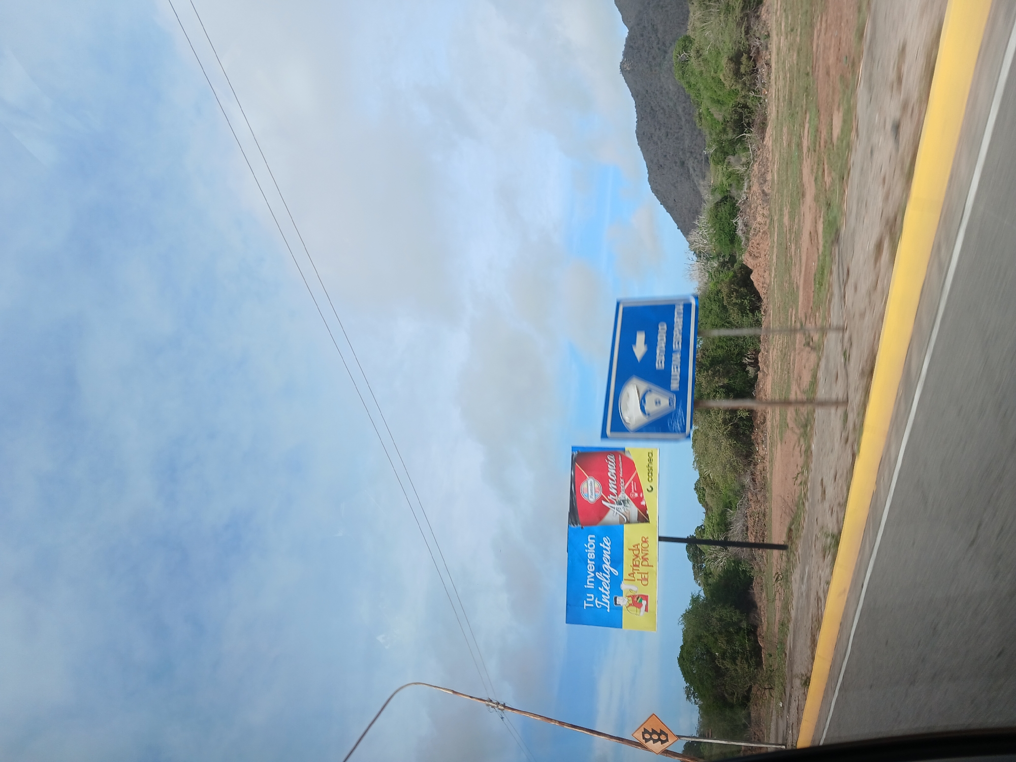 The image captures a roadside view with a billboard and a directional sign in El Valle del Espíritu Santo, Venezuela. The billboard, predominantly blue, features text stating "Tu inversión Inteligente" (Your intelligent investment) and "LA TIENDA DEL PINTOR" (The Painter's Shop), alongside an illustration of a person holding paint cans and a depiction of a red paint can labeled "Armonía". To the right of the billboard is a blue directional sign with a white arrow pointing left, indicating "ESTADIO NUEVA ESPARTA" (Nueva Esparta Stadium). A traffic warning sign with an orange diamond shape and a black symbol is visible to the left of the billboard. The scene is set against a backdrop of green vegetation, dry earth, and a distant, rugged mountain range under a partly cloudy sky. The foreground shows a road with a yellow curb.