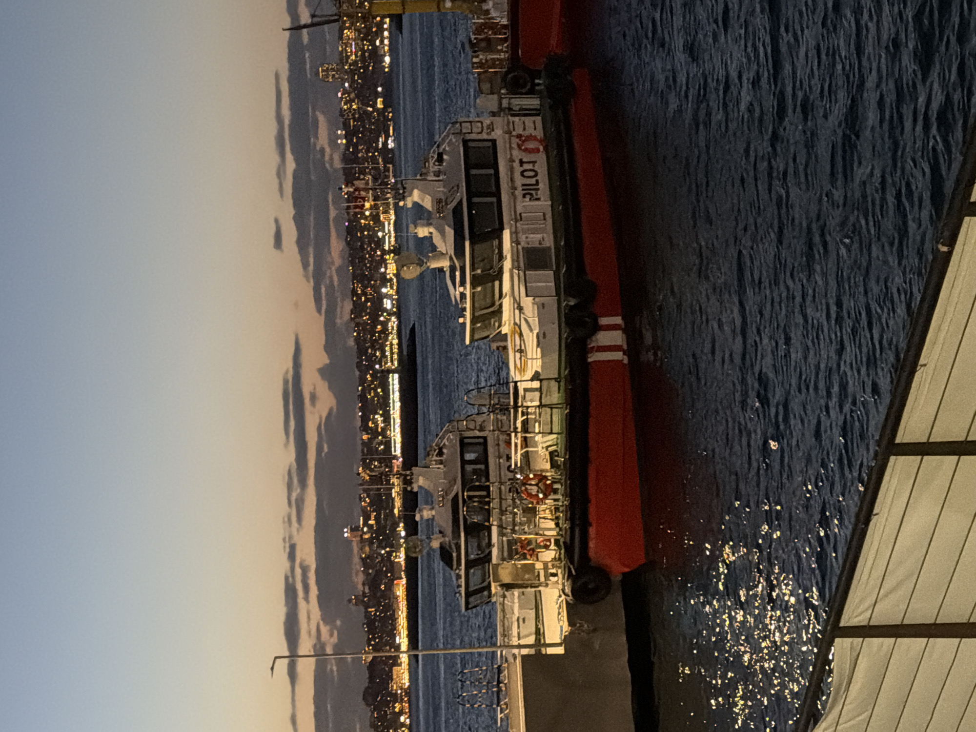 The image captures a twilight scene at a pier in Kadıköy, Turkey, featuring two pilot boats docked. The sky is a gradient of soft blue and orange hues, with scattered clouds reflecting the fading daylight. In the background, the city skyline is illuminated by numerous lights, suggesting a bustling urban environment. The water in the foreground is dark blue with shimmering reflections of the city lights and possibly the boats. The two boats are primarily white with red hulls. The boat on the right has "PILOT" written in black capital letters on its side. The boat on the left is partially obscured by the one on the right. A person in an orange life vest is visible on the deck of the boat on the left. A white railing with horizontal bars is in the foreground, suggesting a viewing area or another part of the pier. The overall atmosphere is calm and serene, with the city lights creating a picturesque backdrop.