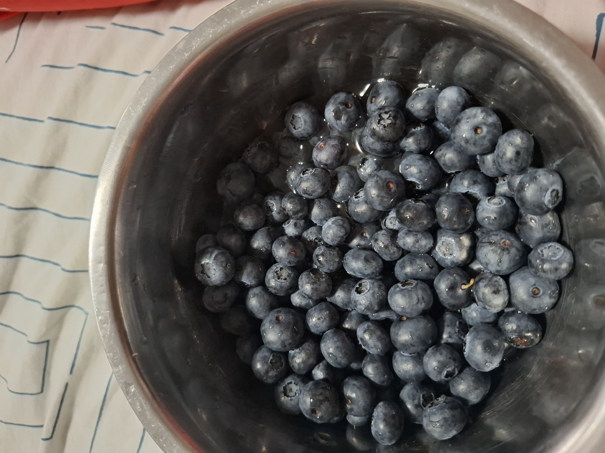 A close-up, overhead shot shows a stainless steel bowl filled with blueberries. The blueberries are a deep blue color, some with a dusty bloom and others with visible water droplets. The bowl is positioned on a surface covered with a white and blue striped cloth. The lighting is dim, casting subtle shadows on the blueberries and the bowl's interior. There are no people visible in the image, and no specific location in Dubăsarii Vechi, Moldova can be determined from the provided visual information.