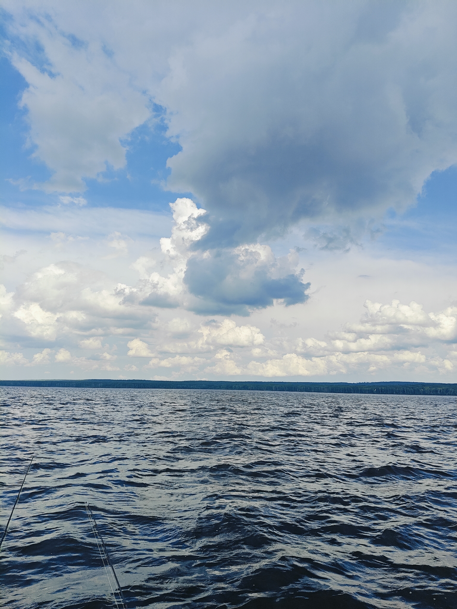 The image depicts a wide shot of a dark blue, choppy lake under a sky filled with dramatic, cloudy formations. In the foreground, two fishing rods extend from the bottom left and bottom center of the frame, dipping into the water, suggesting an activity of fishing. The horizon shows a dense, dark green treeline, indicating a forested area bordering the lake. The sky transitions from a clear, bright blue at the top to a more overcast and turbulent mix of white and grey clouds, with a large, dominant cloud mass in the upper center. This scene is likely located on the Kama River reservoir near Chaikovsky, Russia, given the visual characteristics of a large body of water bordered by forest. No people are visible in the image.