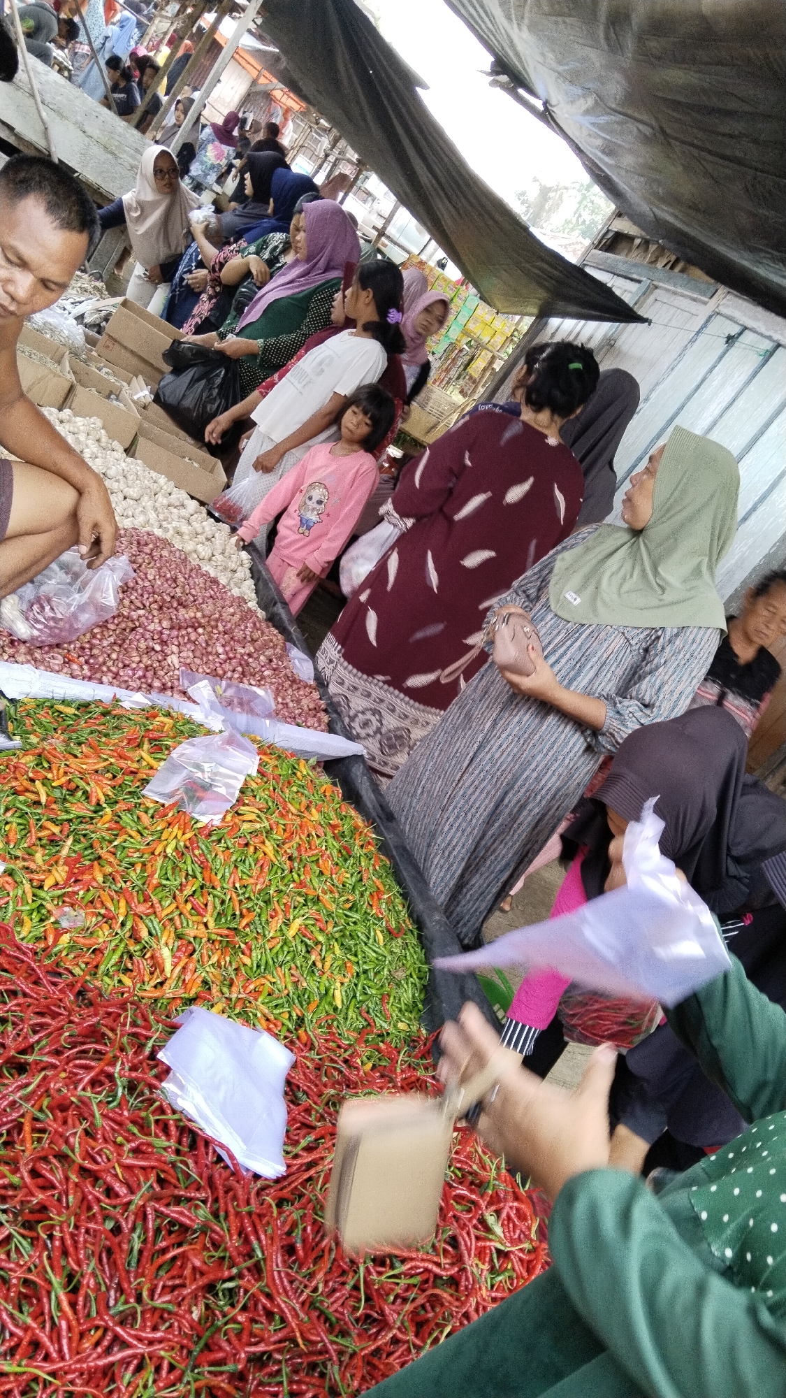 This image depicts a bustling outdoor market scene in Margatunggal, Indonesia. The foreground is dominated by large piles of red and green chilies, with a smaller pile of red onions and white garlic visible behind them. Several people are present, mostly women, many wearing hijabs. One woman in a green hijab is seen holding a small purse. Another woman, wearing a maroon patterned dress, is reaching towards the chilies. In the background, more market stalls and people are visible, suggesting a lively commercial environment. The market appears to be covered by a tarp for shade.