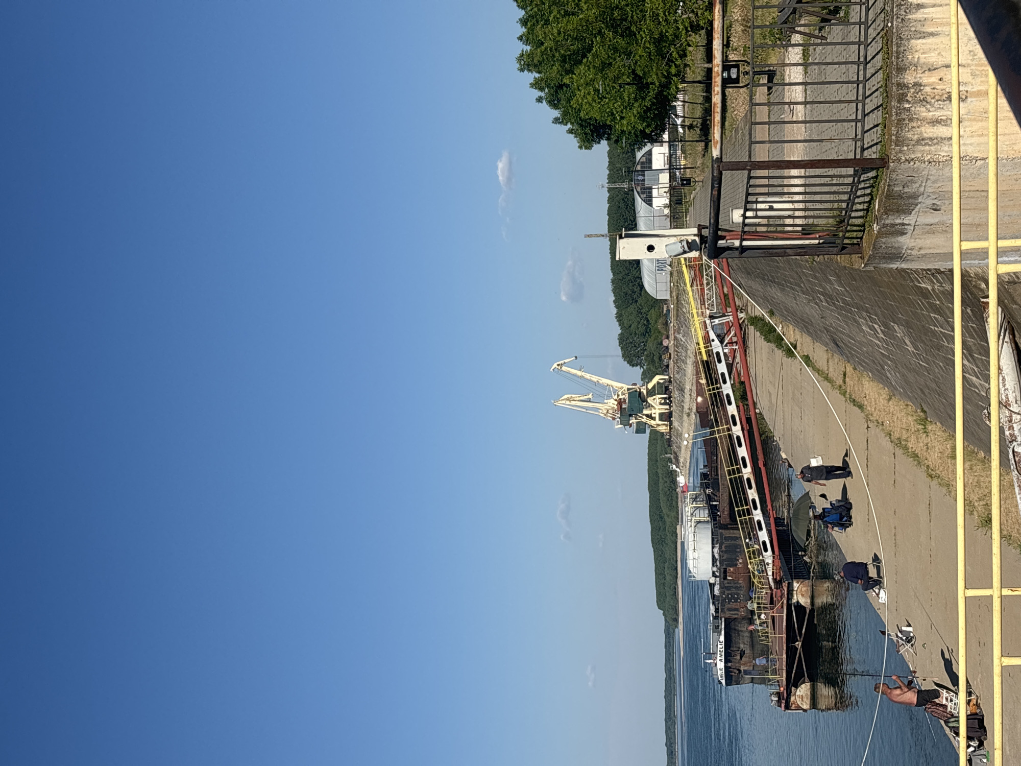 The image depicts a view along the waterfront in Lom, Bulgaria, oriented in an atypical rotated fashion. A wide body of water, likely the Danube River, is on the bottom right. Along the edge of the water, there is a large, dark-colored barge or ship docked. People are fishing along the dock, with some seated in chairs under umbrellas. Further down the dock are industrial cranes. The waterfront area appears to be a concrete embankment, bordered by vegetation and some buildings at the top of the embankment. The sky is clear and blue.