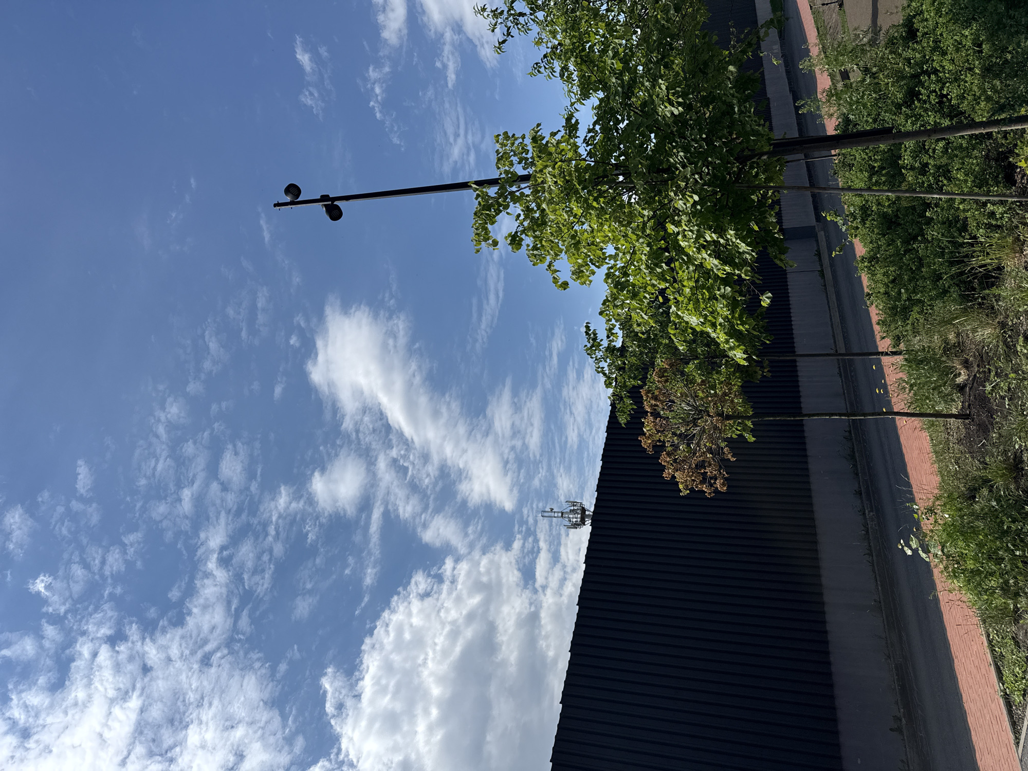 A telecommunications tower is visible on top of a dark, corrugated metal wall. The wall runs along the left side of the image and is angled upwards and to the right. In front of the wall, a paved path with red brick borders leads to a road. Several young trees are planted along the path. A tall lamppost with two lights stands to the right of the trees. The sky is blue with scattered white clouds. The scene appears to be outdoors in a city.