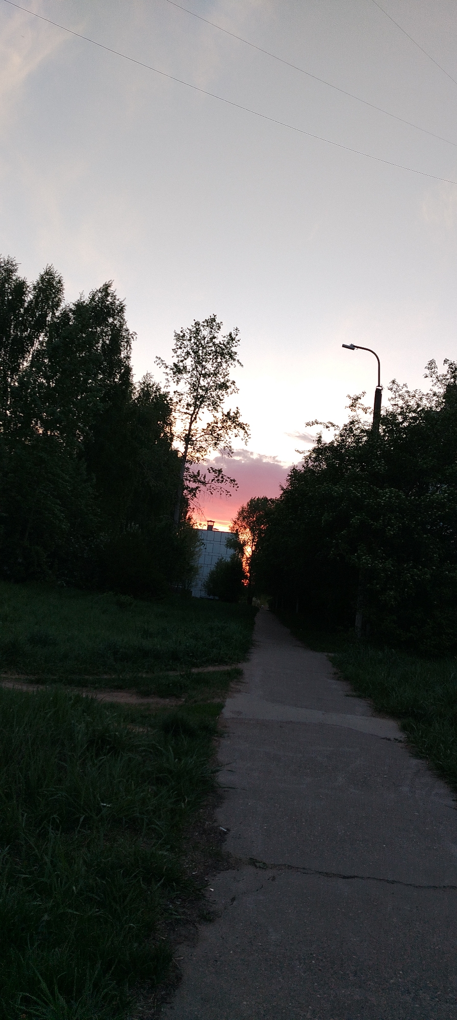 A concrete path leads into the distance between dense vegetation. To the left, a grassy area slopes slightly upward. Trees and bushes line both sides of the path, obscuring the view beyond. A street lamp stands on the right side of the path. In the distance, a building can be partially seen through the trees, with the sky ablaze with shades of pink and orange from a sunset behind it. There is also some electrical wiring visible in the sky. The image was likely taken at or near the location of Chaikovsky, Russia based on the prompt information.
