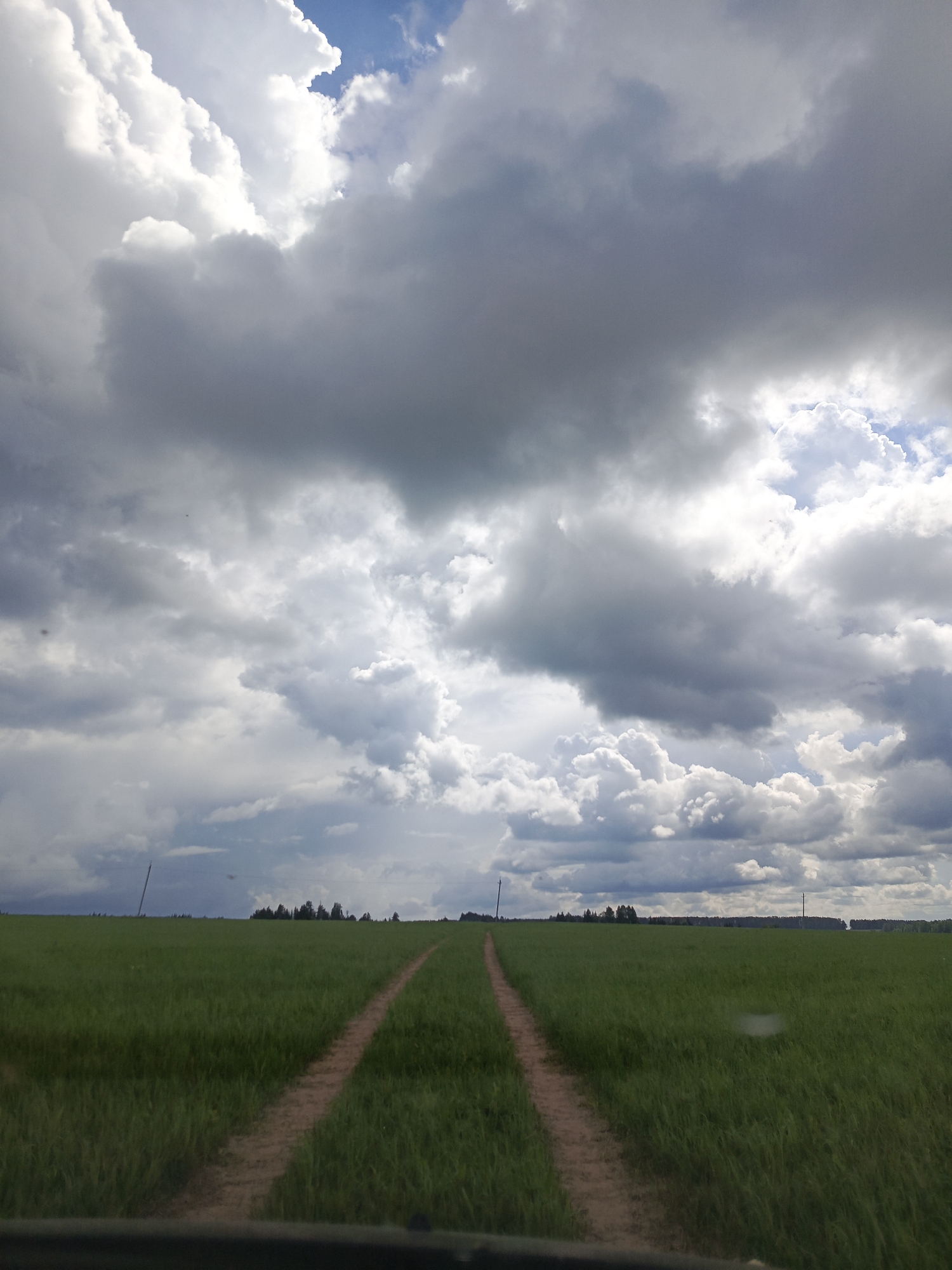 The image shows a wide, open green field with a dirt path that splits into two tracks. The field is expansive and stretches to the horizon, where a line of trees is visible. The sky is filled with dramatic, heavy clouds, varying in shades of gray and white, with some patches of blue peeking through. There are two thin, dark vertical poles visible in the distance, one on each side of the field. The foreground shows the edge of a dark object, possibly the dashboard or hood of a vehicle, suggesting the photo was taken from inside a car. The scene appears to be in a rural or undeveloped area. Based on the provided context, this location is within Chumna, Russia.
