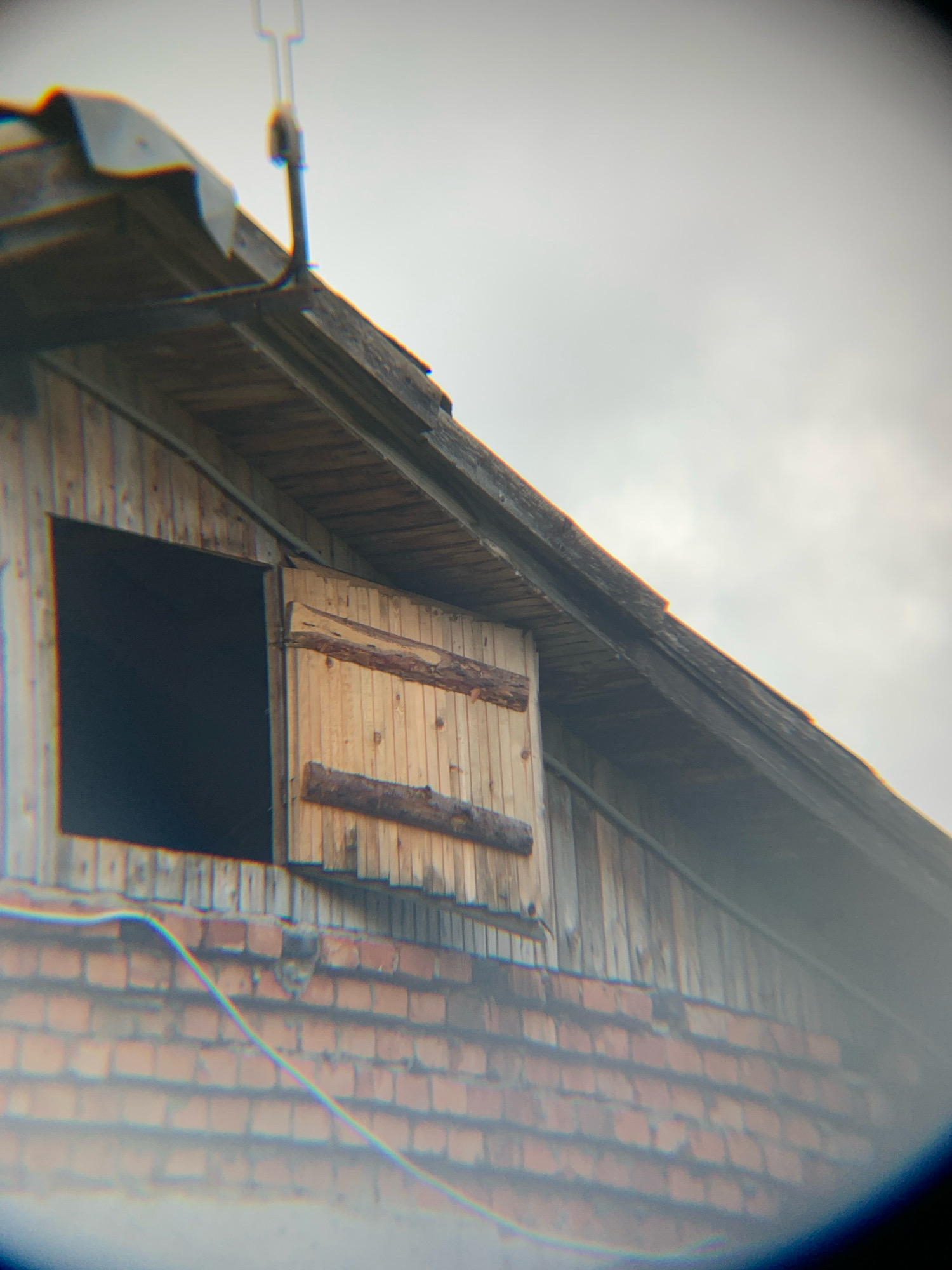 This is a close-up, medium-angle, eye-level, outdoor shot of the upper portion of a building in Vas'kovo, Russia. The building has a dark tiled roof and brick lower walls. The upper walls are constructed of vertical wooden planks with a roughly finished wooden shutter covering most of an opening. The shutter is partially open, revealing a dark interior. A wooden beam is attached horizontally to the shutter. The roof is covered with dark shingles and has a metal gutter. A thin, metallic rod or antenna extends vertically from the peak of the roof. The sky is overcast and appears a light grey. The image has a chromatic aberration effect around the edges.