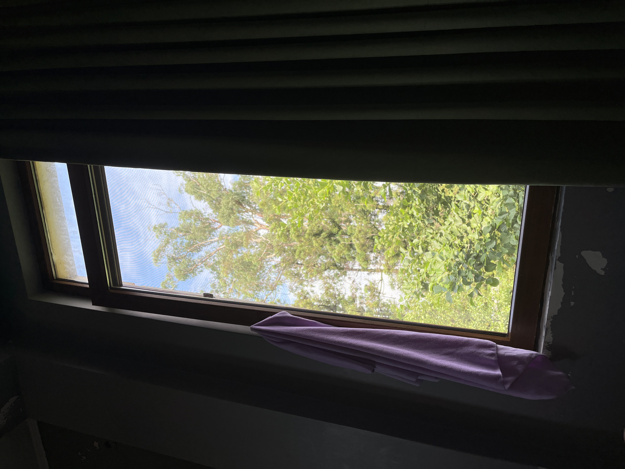 An indoor shot captures a window overlooking a lush, green outdoor environment. The window has a wooden frame and is fitted with a screen. A purple towel is draped over the left side of the window frame, partially obscuring the view of the outside. To the right of the window, a dark green curtain hangs, creating a strong contrast with the bright greenery visible through the window. The indoor walls appear to be a dark, rough texture, with some peeling paint along the lower edge of the window. The scene is set in Ureki, Georgia.