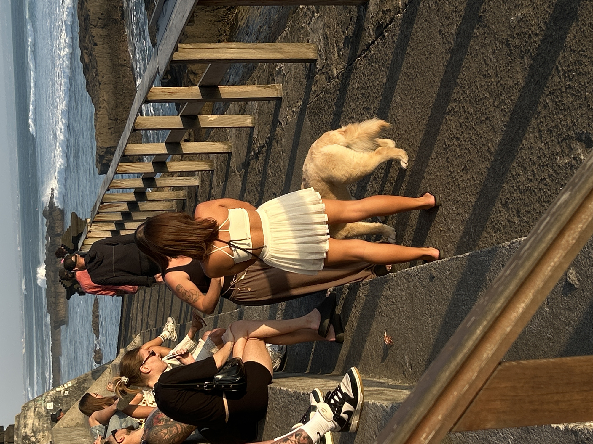 The image captures a scene on a paved walkway bordering a rocky coastline, likely at Tanah Lot Temple in North Kuta, Indonesia, given the ocean and rock formations. The time of day appears to be late afternoon due to the long shadows cast by the wooden railing. In the foreground, a person wearing a white pleated skirt and a white halter top stands facing away from the camera, beside a light-colored dog which is sniffing the ground. To their left, seated on stone steps, are two women. One woman, wearing a black top and dark shorts, is looking down and appears to be holding an electronic cigarette. The other woman, wearing glasses and a light-colored outfit, is also seated and looking towards the first woman. Further back, another person in a red shirt and a person in a black hoodie are visible, walking along the walkway. The ocean in the background shows waves breaking against the shore and volcanic rock formations.