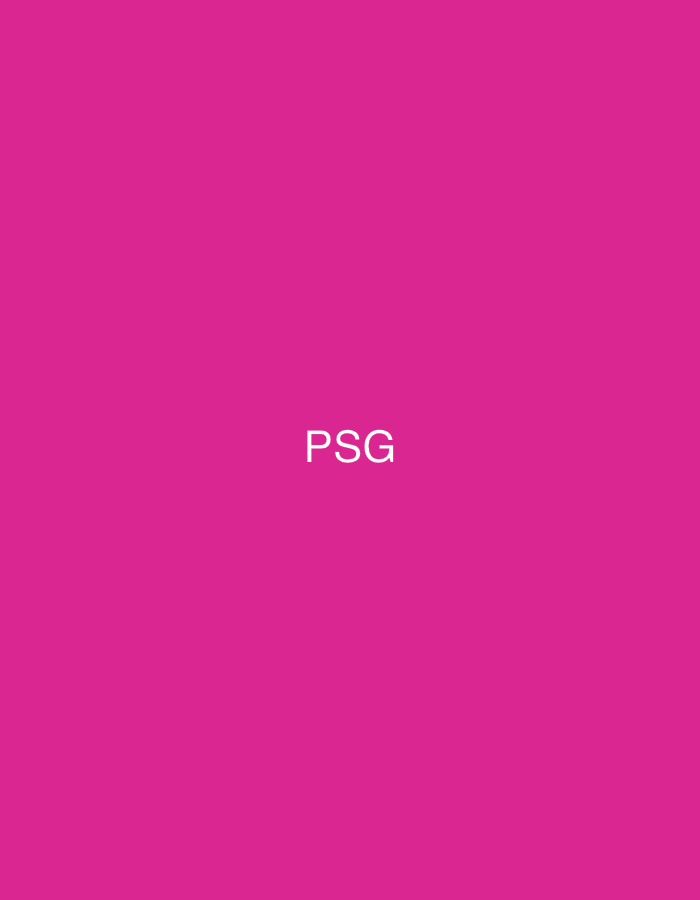 The image presents a simple digital graphic featuring the white uppercase letters "PSG" centrally aligned against a uniform, solid magenta background. The magenta color spans the entirety of the visual field without any variations in hue or saturation. The letters "P", "S", and "G" are rendered in a clear, sans-serif font, appearing distinct and legible. No other subjects, objects, individuals, actions, or interactions are depicted within the frame. The image is a flat, two-dimensional graphic and does not portray a physical environment or any contextual elements that would allow for the identification of a geographical location, including any specific location within the city of Casablanca, Morocco.