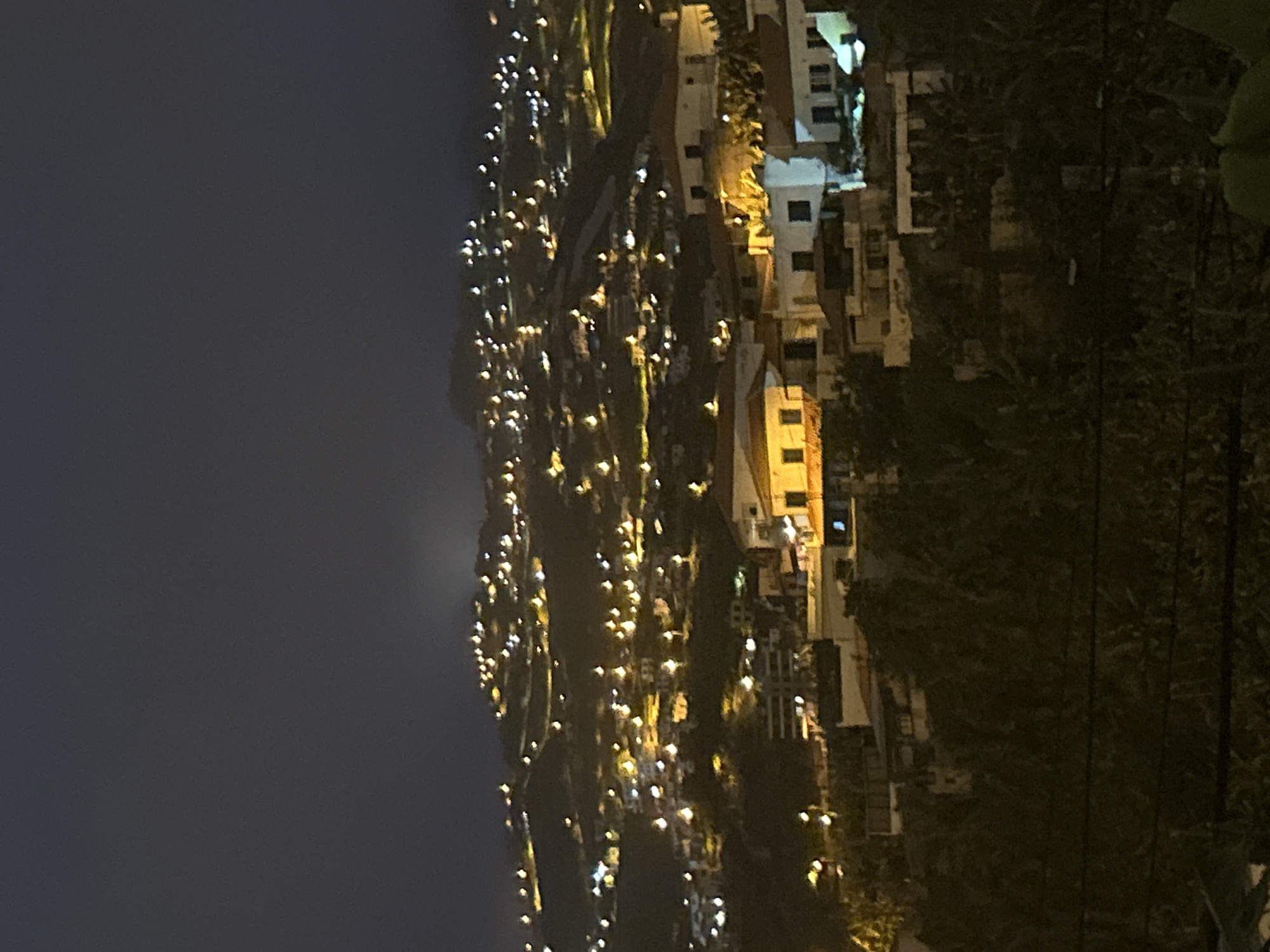 The image depicts a nighttime scene of Câmara de Lobos, Portugal. The photograph shows the city illuminated with lights, with buildings and trees visible on the right side of the frame. A dark sky fills the left portion of the image. The lights suggest a dense urban environment.