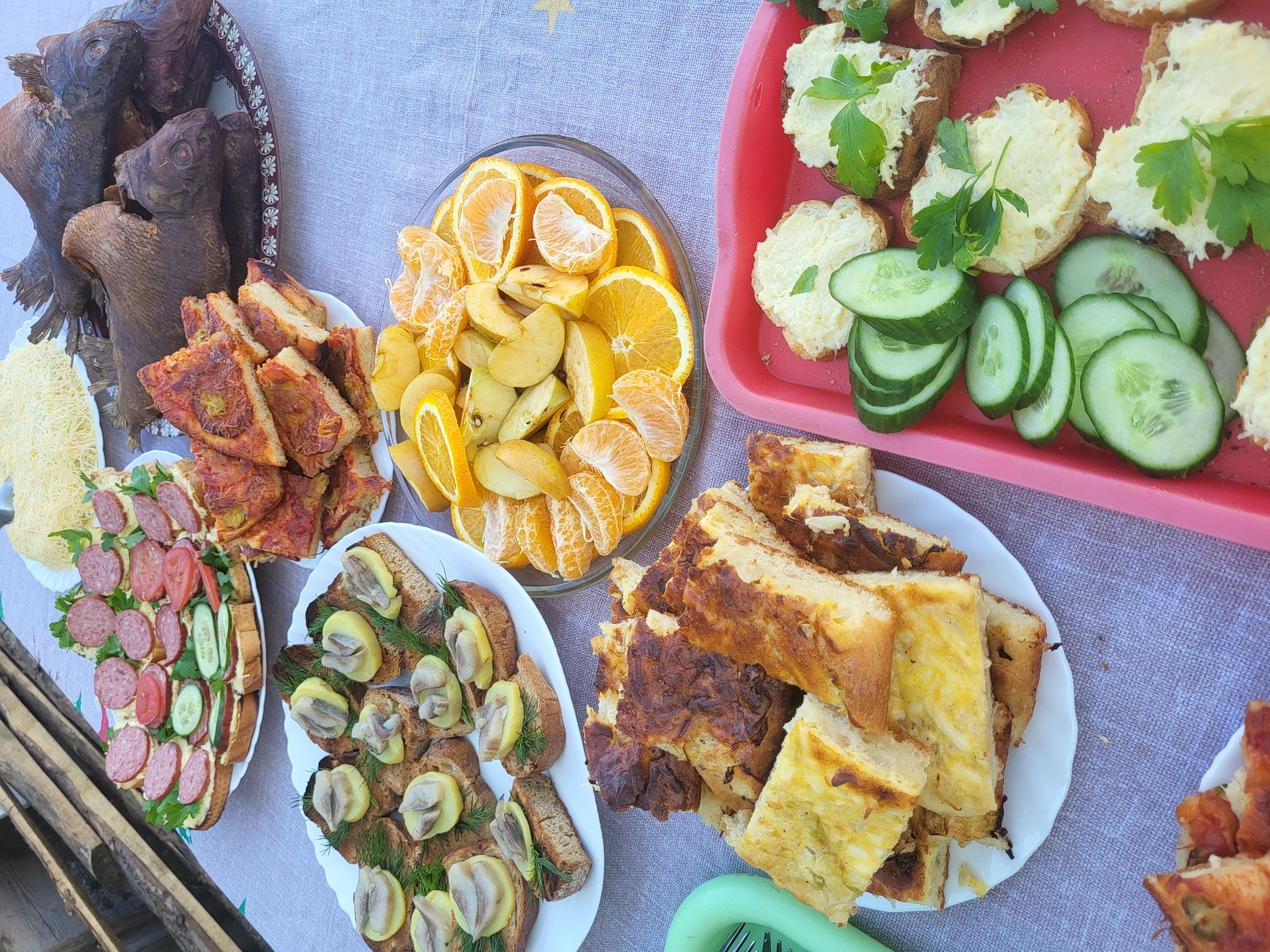 The image shows a table laden with various dishes, likely set outdoors. On a plate to the left are several dried fish, followed by plates containing sliced bread with sausage, tomatoes, and cucumbers. A bowl of sliced oranges and apples is centrally placed. A red tray contains sliced bread topped with a white spread and parsley, accompanied by sliced cucumbers. Another plate displays bread with what appears to be pickled herring, garnished with dill. There is also a plate filled with what looks like savory bread or cake pieces, likely from a pie. The presence of such a feast suggests a gathering or celebration. Based on the limited information, it's difficult to provide further context or insights without further information. The location is Зипуново, Russia.