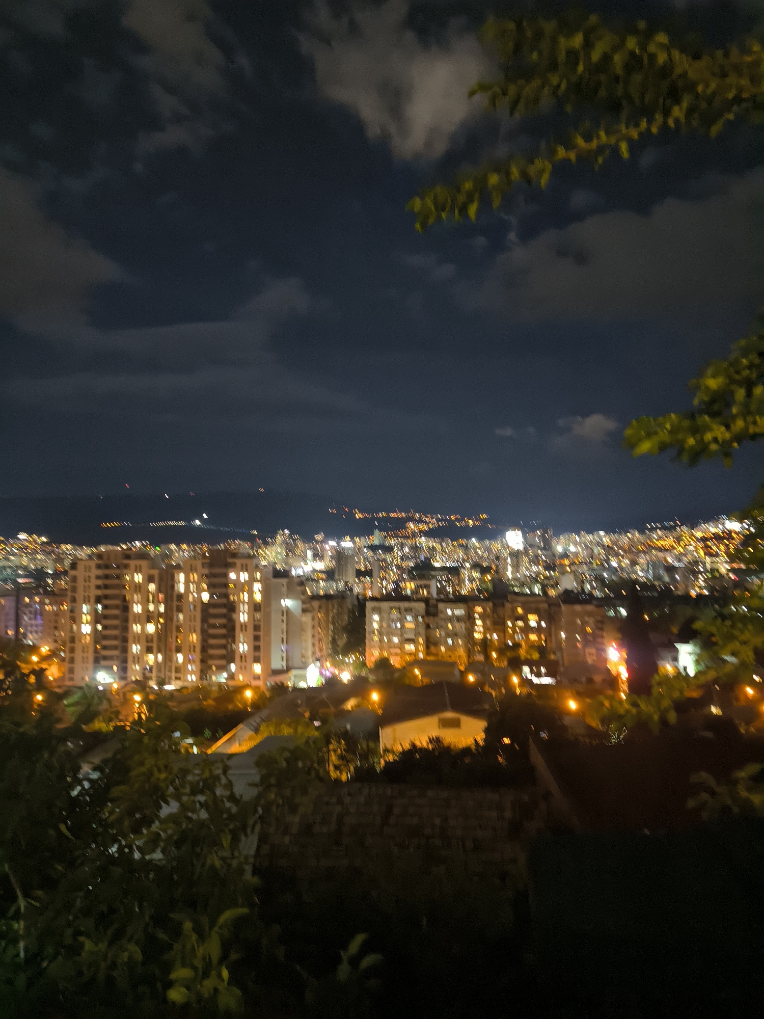 The image depicts a nighttime cityscape of Tbilisi, Georgia, seen from an elevated vantage point. The sky is dark with scattered clouds. The city is illuminated by numerous artificial lights, creating a warm, yellowish glow across the skyline. Tall apartment buildings are visible in the middle ground, with many windows lit up. In the foreground, there are dark silhouettes of trees and rooftops, indicating a lower residential area. The overall scene conveys a sense of urban activity and nighttime atmosphere.
