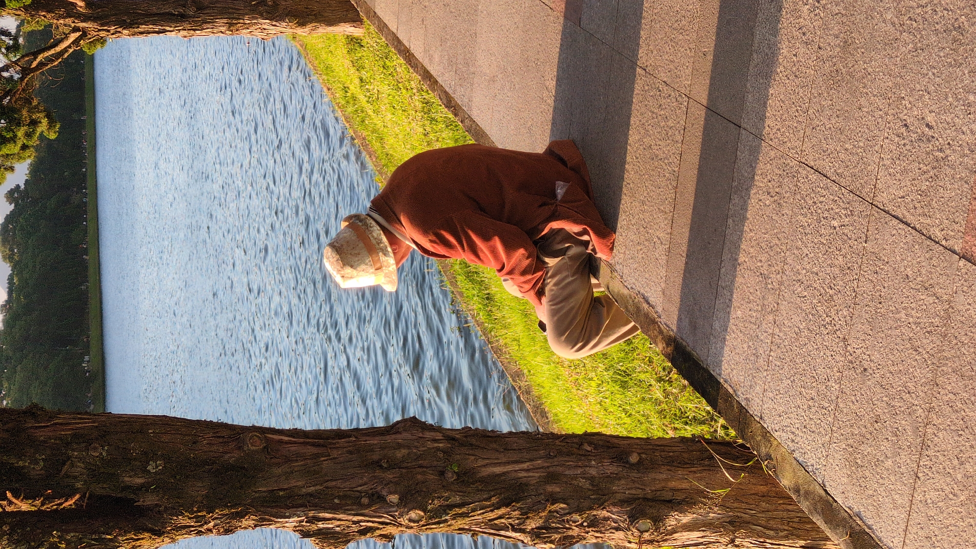 A solitary elderly man, wearing a patterned bucket hat and a rust-colored jacket over beige trousers, sits on the edge of a paved pathway beside a body of water. The pathway is constructed of large, light-colored square tiles. To the left of the man, a thick tree trunk with rough bark is visible. The pathway slopes gently upwards from the water's edge. The water is calm, with gentle ripples reflecting the light. Beyond the water, a dense line of dark green trees forms the horizon, with a hint of lighter foliage and a pale sky above. The scene appears to be set in a park or a scenic waterfront area. This location is likely Xuan Huong Lake in Da Lat, Vietnam, known for its picturesque lakeside paths and surrounding greenery.