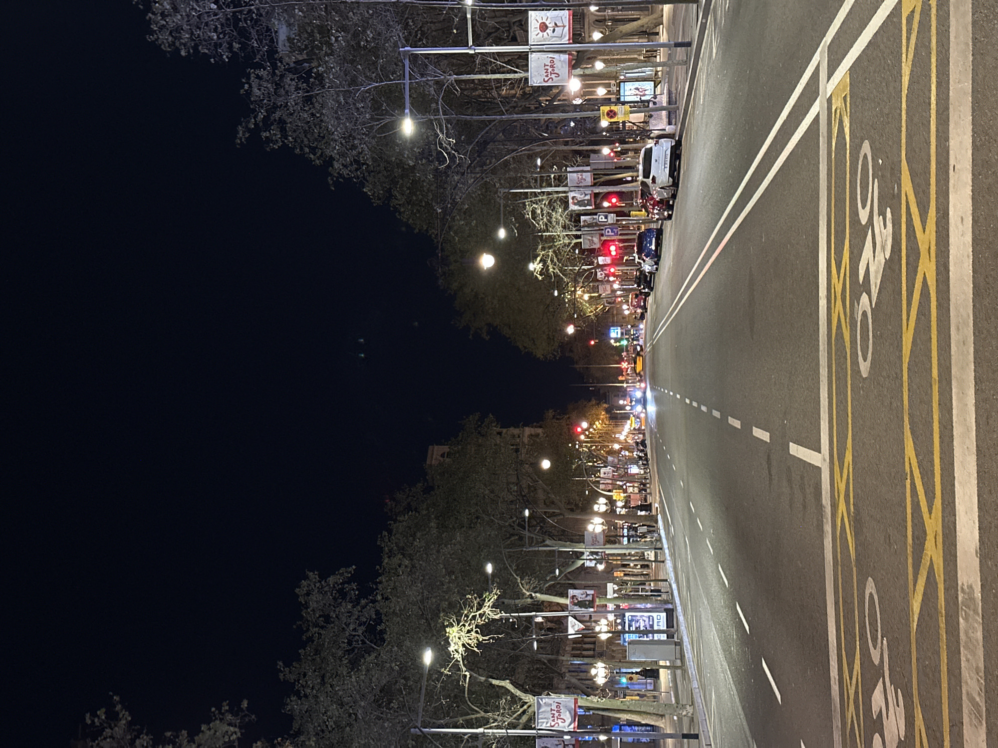 This image depicts a straight, tree-lined street at night in Barcelona, Spain. The road has clear lane markings and a dedicated bike lane with yellow cross-hatching and a bike symbol. Streetlights illuminate the scene, and trees line both sides of the road. There are posters on the streetlight poles and parked cars along the side of the road. Traffic lights can be seen further down the street, indicating traffic activity. The scene appears to be taken from a ground-level perspective. Based on the signage and overall street layout, the street is likely La Rambla in Barcelona.