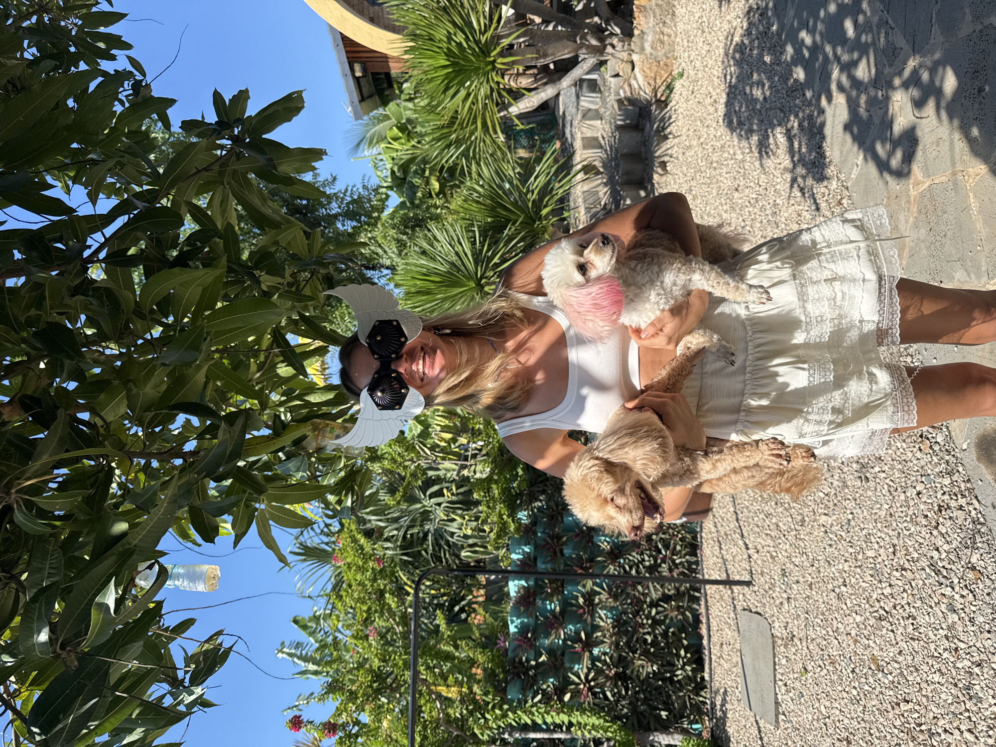 In Mũi Né, Vietnam, a woman stands outdoors, holding two small dogs. She is wearing a white tank top and a white lace-trimmed skirt, and a decorative mask with white wings. One dog, a light brown poodle mix, is held in her left arm, while a white poodle with pink-dyed ears is held in her right arm. The background features lush green foliage, palm trees, a blue sky, and a gravel-covered ground. A small, rustic building is visible in the distance. The scene appears to be in a garden or courtyard.