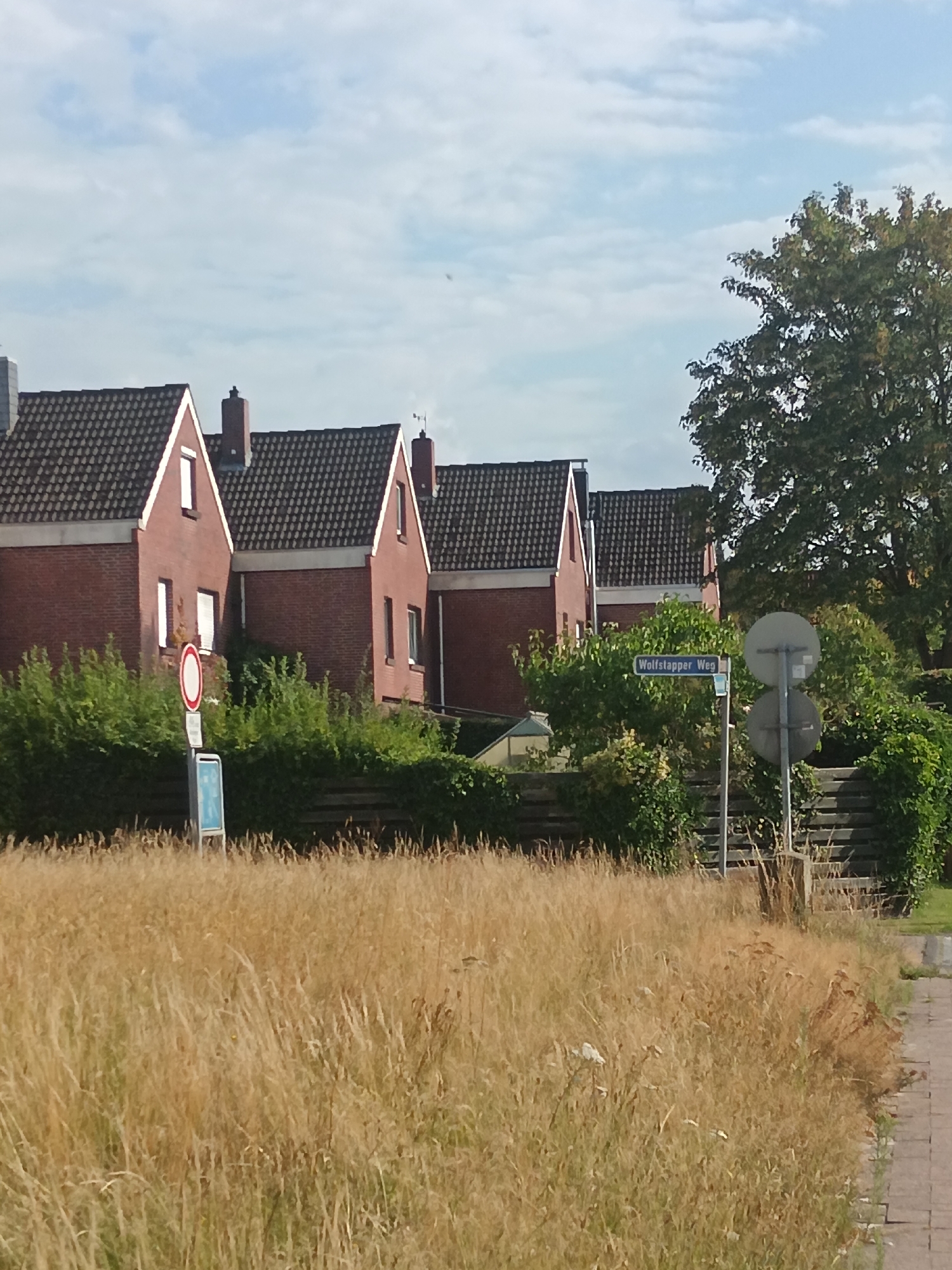 The image shows a row of brick houses with dark tiled roofs, typical of residential architecture in Varel, Germany. In the foreground, dry, tall grass lines a paved pathway, suggesting a rural or semi-rural setting within the city. A street sign for "Wolfstapper Weg" is visible, confirming the location. A circular red and white traffic sign, likely indicating "no entry" or a similar restriction, is also present, along with another blue and white information sign. The sky is partly cloudy, indicating fair weather. The overall scene depicts a quiet residential street in Varel.