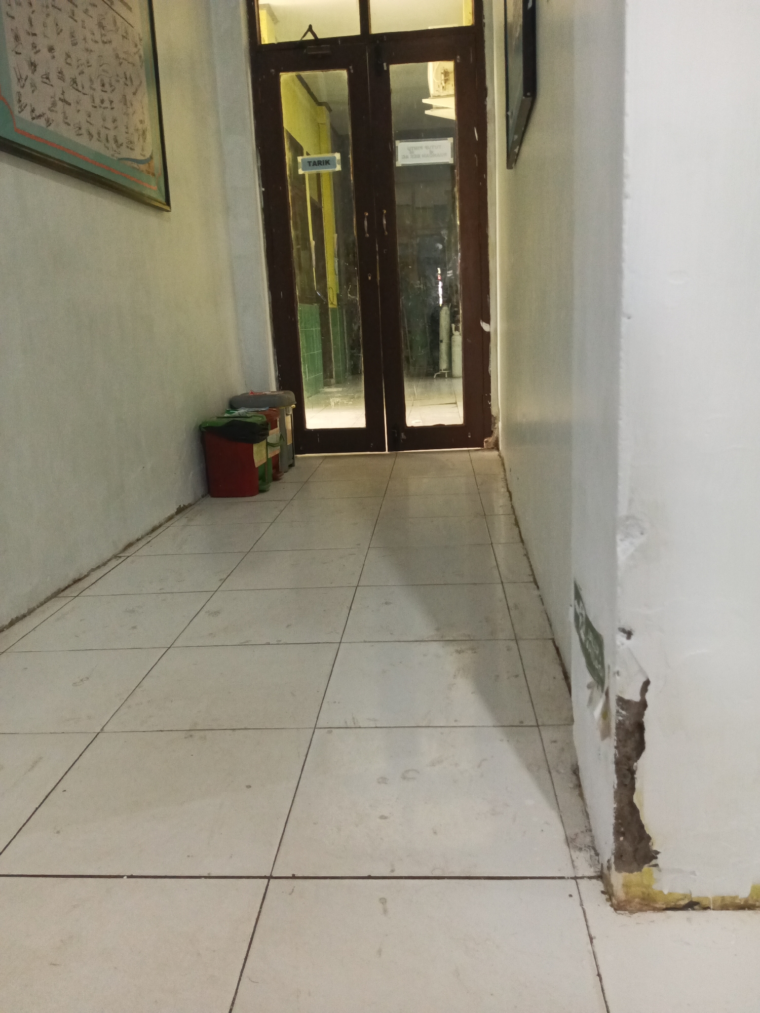 The image depicts a dimly lit hallway with tiled flooring. To the left, a light-colored wall is adorned with a framed chart. Further down the hallway, near the wall, are several trash bins of various colors, including red, green, and gray. In the background, a dark-colored double door with glass panels is visible, with a sign that reads "TARIK" (meaning "pull" in Indonesian) on the left door. Through the glass, a room with green tiled walls and some equipment can be seen. The right wall of the hallway is white and shows signs of damage and peeling paint near the bottom corner. The scene appears to be located in a public or institutional building, possibly in Paddoang Doangan, Indonesia, given the presence of the Indonesian word on the door.