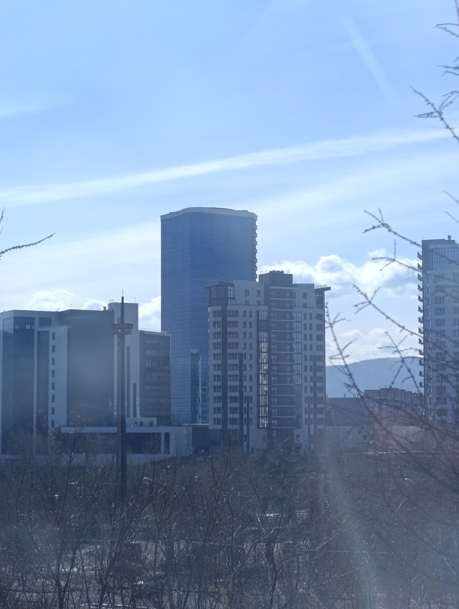 The image displays an urban cityscape in Krasnoyarsk, Russia, under a bright, partly cloudy blue sky. The scene is viewed from an elevated perspective, encompassing prominent architectural landmarks in the Vzletka microdistrict.
In the midground, the most conspicuous structure is the Krasnoyarsk City skyscraper, a tall, slender building primarily clad in blue-tinted glass with a rounded top, centrally located within the upper half of the frame. To the left of this skyscraper, the Krasnoyarsk TV Tower is visible, characterized by a central mast supporting a distinctive circular platform and an antenna spire. Surrounding these landmarks are multiple other multi-story modern buildings, exhibiting facades of light gray, dark gray, and black panels with extensive window arrays. A significant light-colored multi-story building stands to the right of the blue skyscraper.
The immediate foreground is occupied by a dense network of dark, out-of-focus bare tree branches, suggesting a dormant vegetative state typical of late autumn, winter, or early spring. In the distant background, faint, hazy blue outlines of hills or mountains are visible on the horizon, primarily towards the right side of the image. The lighting indicates daytime conditions. No individuals, vehicles, or specific activities are discernible.