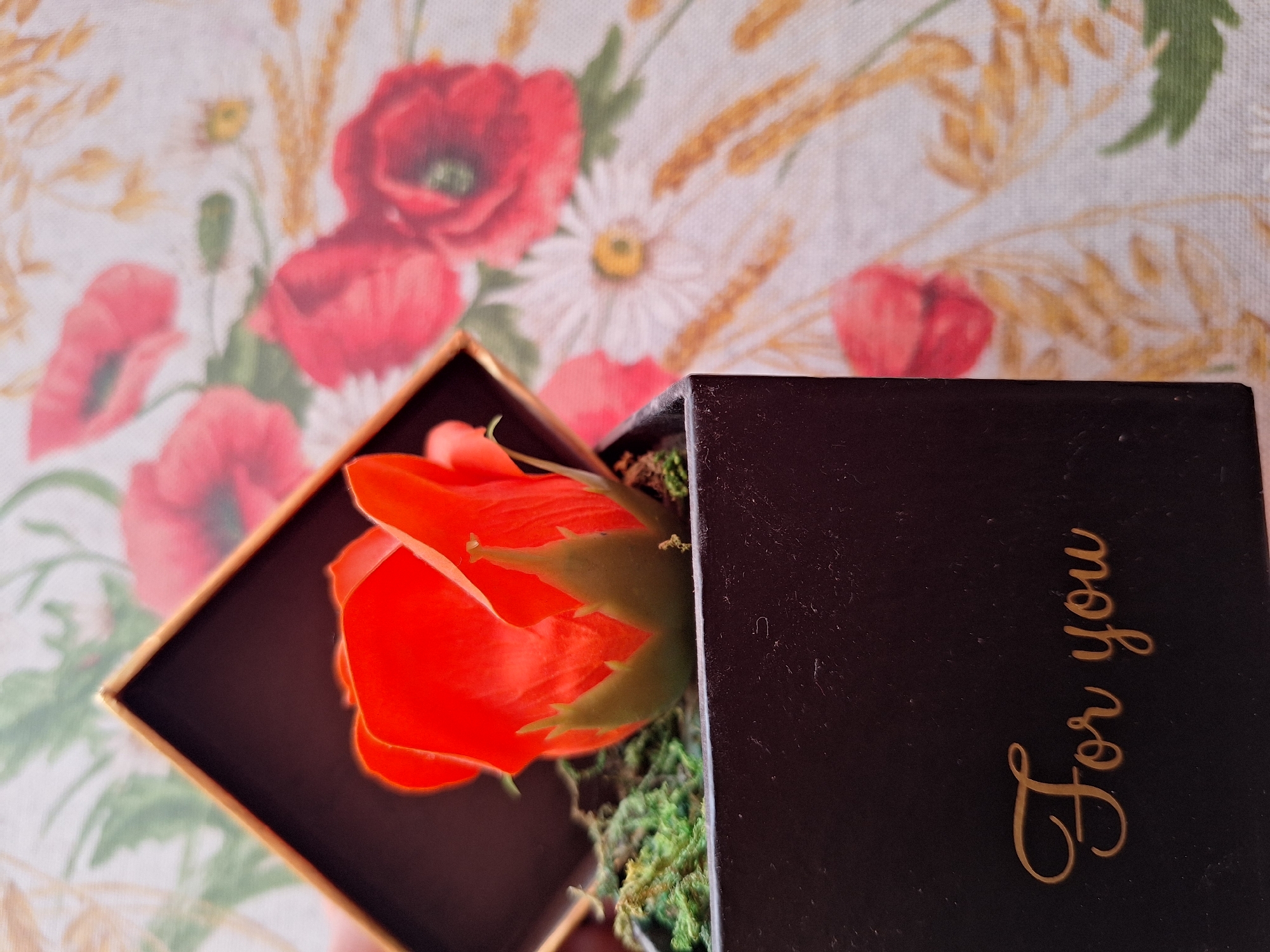 A close-up, high-angle shot captures a small, dark square gift box containing a single, vibrant orange rosebud nestled in green moss. The lid of the box is slightly ajar, revealing a golden inner edge. The box itself has the inscription "For you" in a elegant gold script on its side. The background is a blurred, floral-patterned tablecloth featuring red poppies and white daisies with yellow centers, along with stalks of wheat, suggesting a domestic setting. There are no people visible in the image. The scene does not provide any information about the location in Varna, Bulgaria.