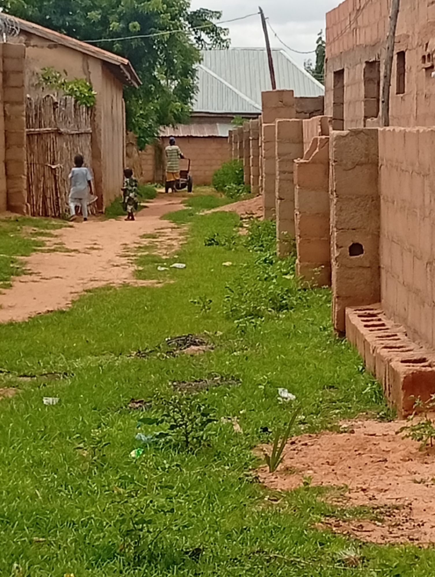 The image shows a dusty path in a residential area of Tumfure, Nigeria, with buildings constructed from mud bricks and cement blocks on either side. Green grass lines the path, and several people are visible. On the left, a person in a light blue outfit walks away from the camera, and a child in a patterned outfit follows behind. Further down the path, another person in a striped shirt pushes a cart. The buildings are in various states of completion, with some appearing to be unfinished. The environment suggests a dry, possibly hot, climate.