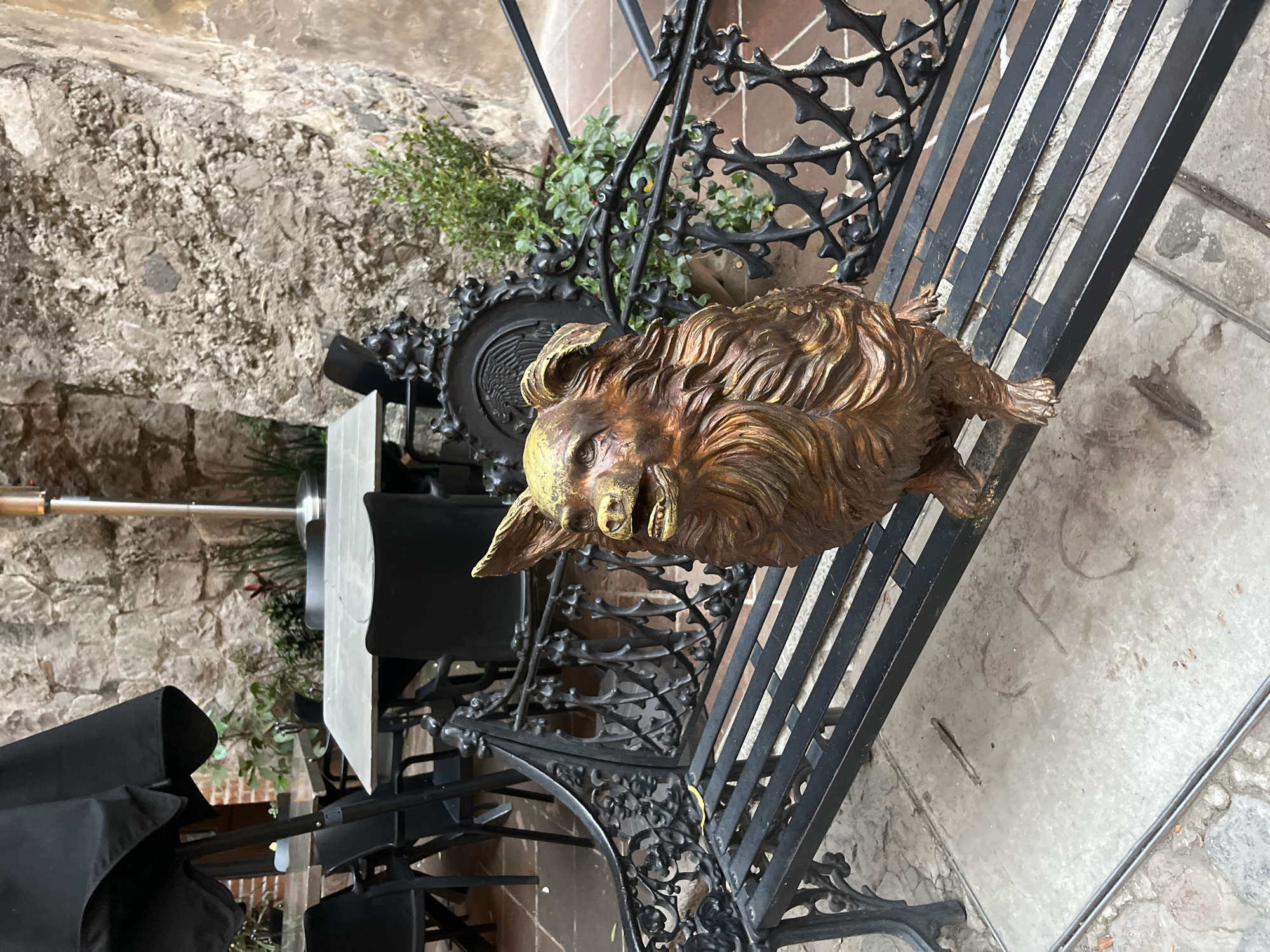 A close-up shot shows a gilded lion statue perched on a black wrought iron bench outdoors. The statue is positioned towards the right of the frame, with its head facing the viewer. The bench is set against a backdrop of a stone wall and assorted outdoor furniture, including a table, chairs, and an umbrella. The scene appears to be located in Domingo Arenas, Mexico.