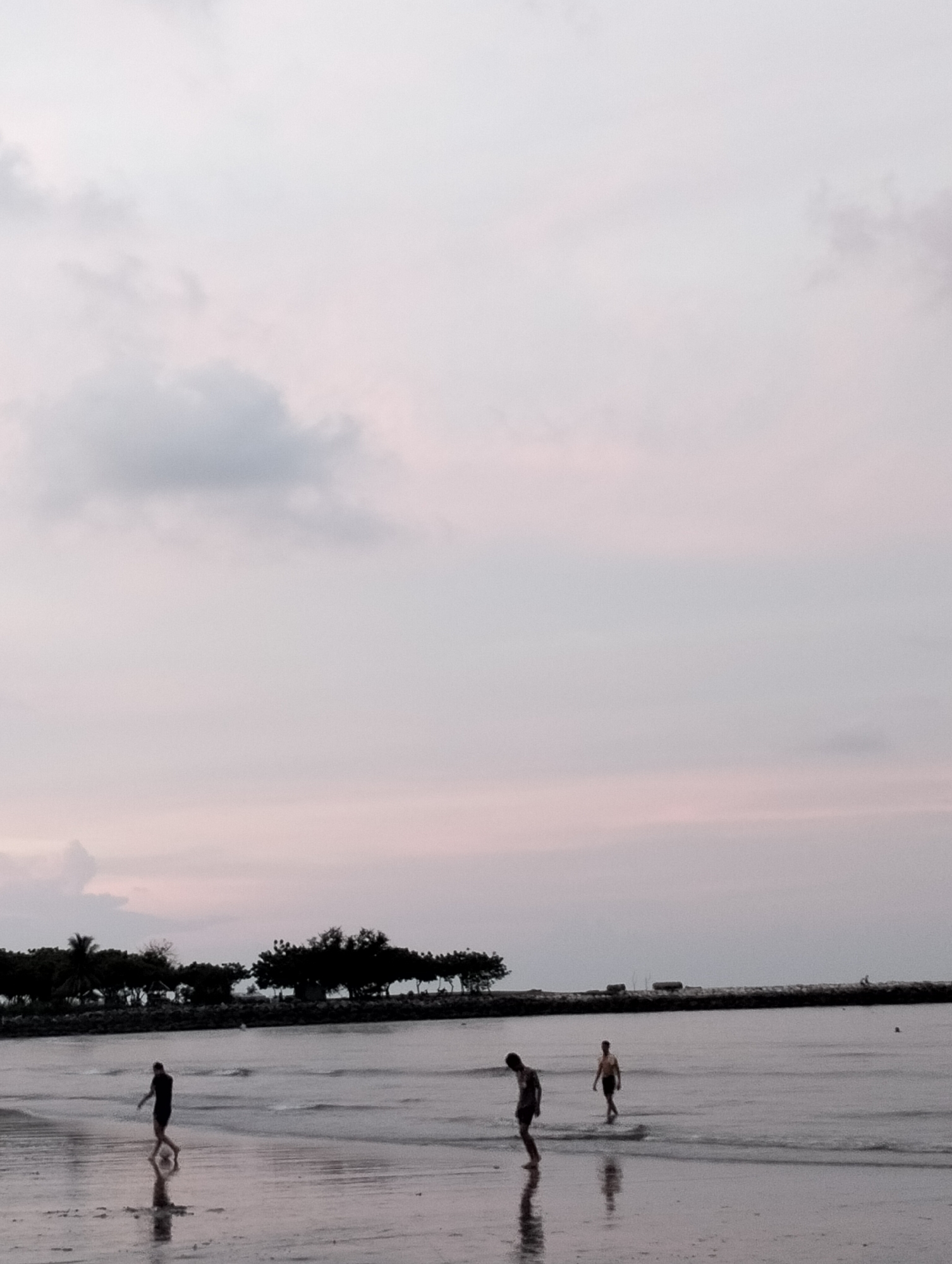 This image captures a serene coastal scene in Lhokseumawe, Indonesia, at what appears to be late afternoon or early evening. The sky, which occupies the upper two-thirds of the frame, is largely overcast with soft, diffused light, exhibiting subtle pale pink and purple tones, indicative of twilight. Scattered grey clouds are visible, contributing to the gentle, subdued ambiance.
In the lower third of the image, three individuals, likely men or older boys, are seen wading in the shallow, reflective water near the shore. One person, dressed in dark clothing, is prominent in the foreground, walking towards the right, with their reflection clearly visible on the wet sand. Further back and to the right, another individual in lighter attire walks through the water, while a third person is also present in the mid-ground, partially obscured. Their postures suggest casual movement along the waterline.
Along the horizon, a dense line of dark tropical trees and foliage stretches across the landscape. Behind this treeline, a man-made structure, resembling a breakwater or seawall, extends into the water, segmenting the background. The water in the foreground is calm with small ripples, reflecting the sky and the figures moving within it. The overall mood is peaceful and quiet, with no discernible text or specific events beyond the simple act of walking along the shore.