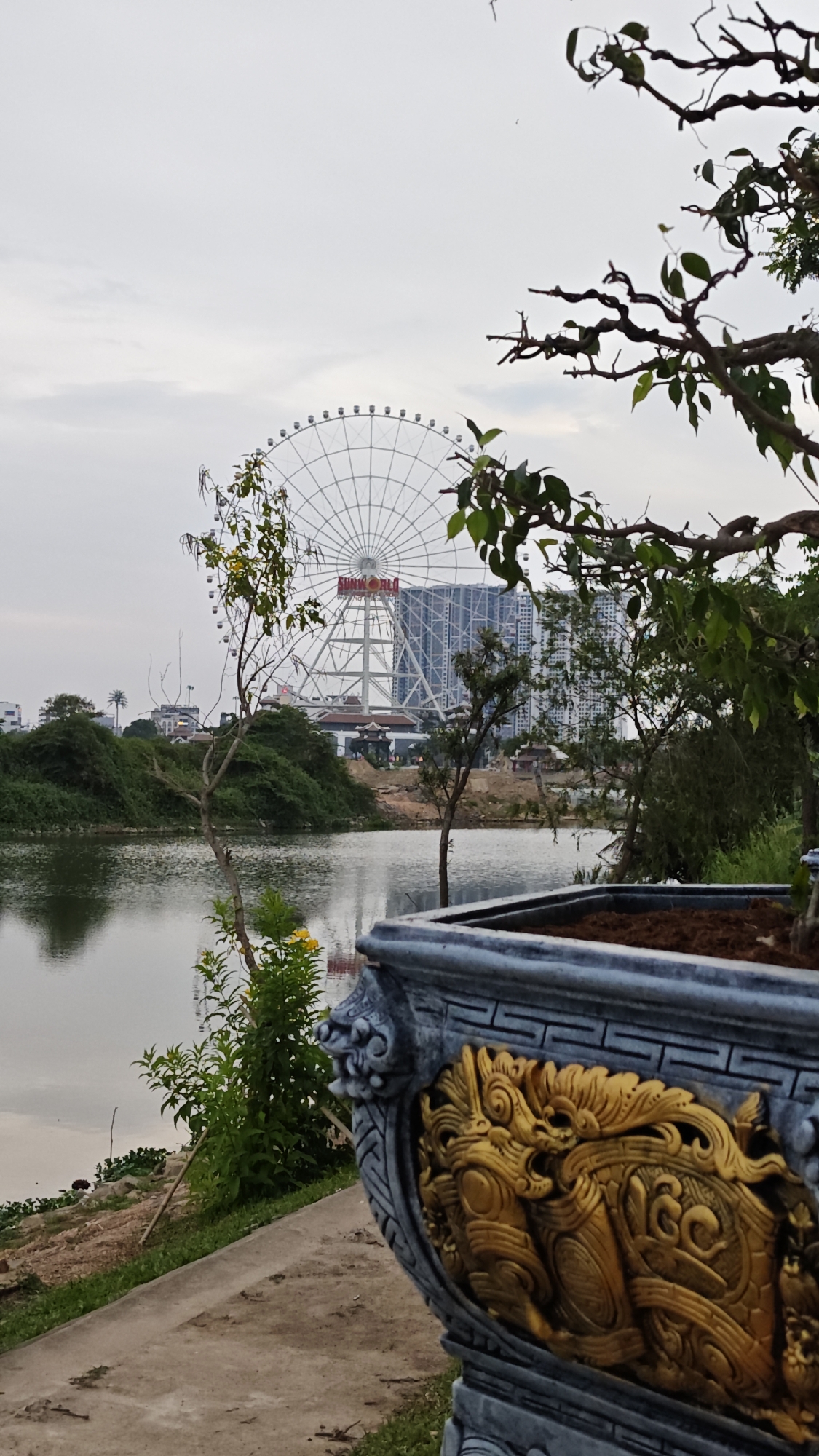 The image captures a scenic view in Đà Nẵng, Vietnam, featuring a body of water in the foreground reflecting the sky. Behind the water is a lush green landscape. In the midground is the large, white Sun World Đà Nẵng Wonders Ferris wheel. Modern buildings are behind it. In the foreground is a large square pot with ornate golden dragon carvings, containing a bonsai tree. The sky is overcast. A concrete pathway is on the bottom left.