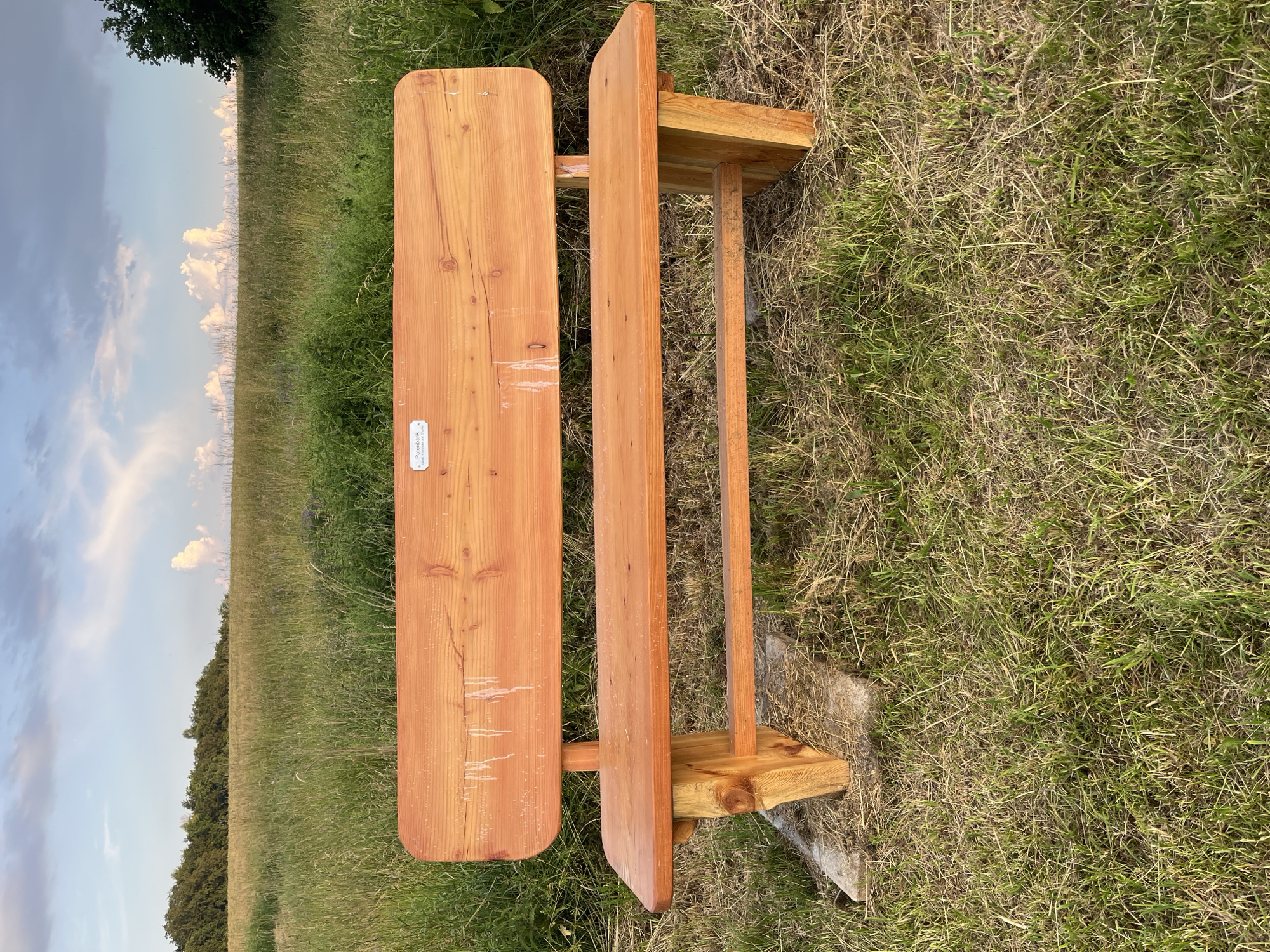 A wooden bench sits in a grassy field under a cloudy sky. The bench is made of unfinished light-colored wood and has a straight backrest and a long seat. A small metal plaque is attached to the backrest. The field is filled with tall grass and wildflowers, and a line of trees can be seen in the distance. The sun is setting, casting a warm glow over the scene. This scene is located in the city of Wiera, Germany.