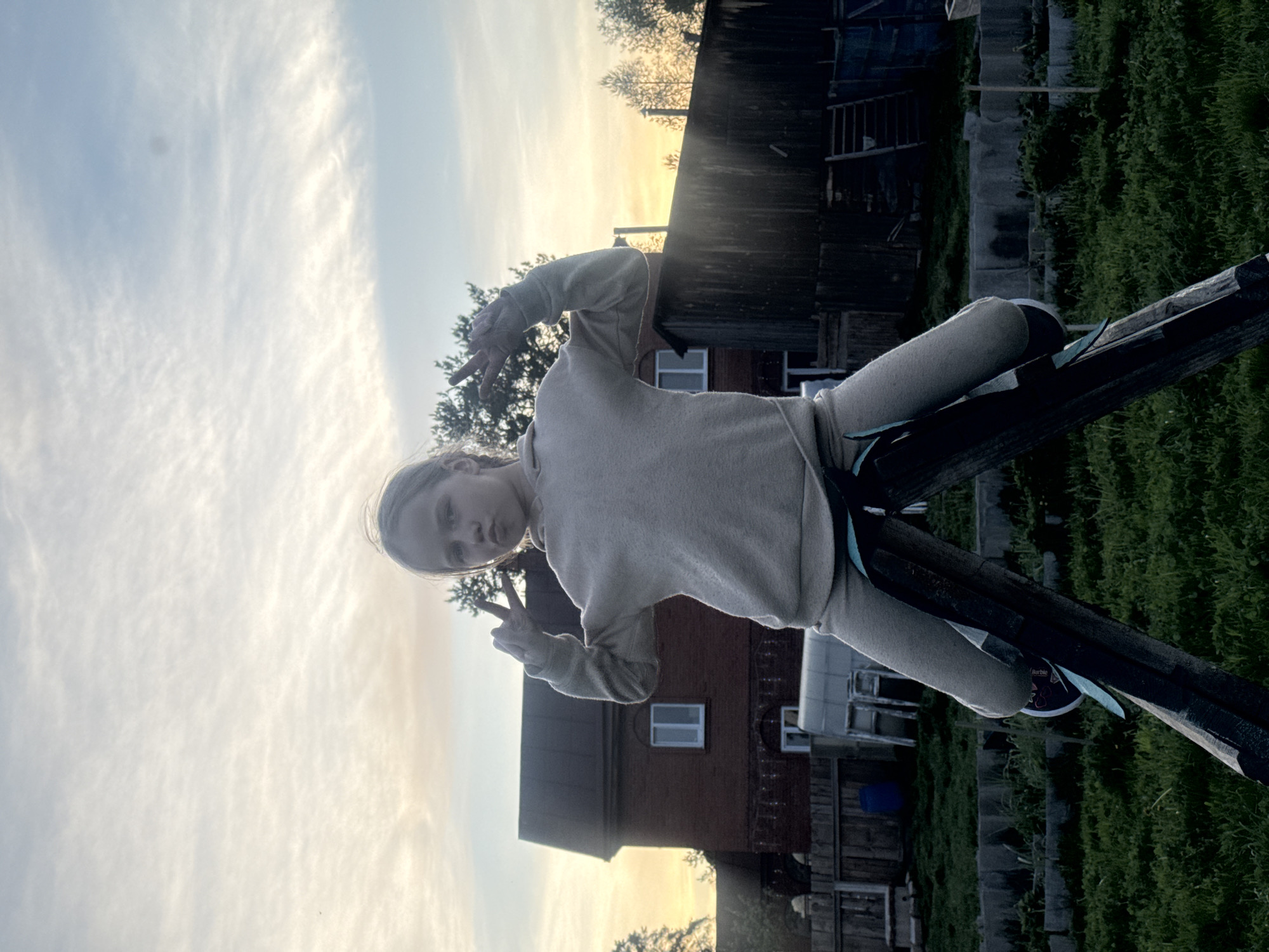 A young individual poses on a wooden structure with a peace sign, against a backdrop of buildings and sky. The location appears to be Rusalevka, Russia, characterized by typical rural structures. The individual is wearing a casual outfit, while the environment shows both residential and natural elements, including vegetation and a somewhat weathered wooden fence.