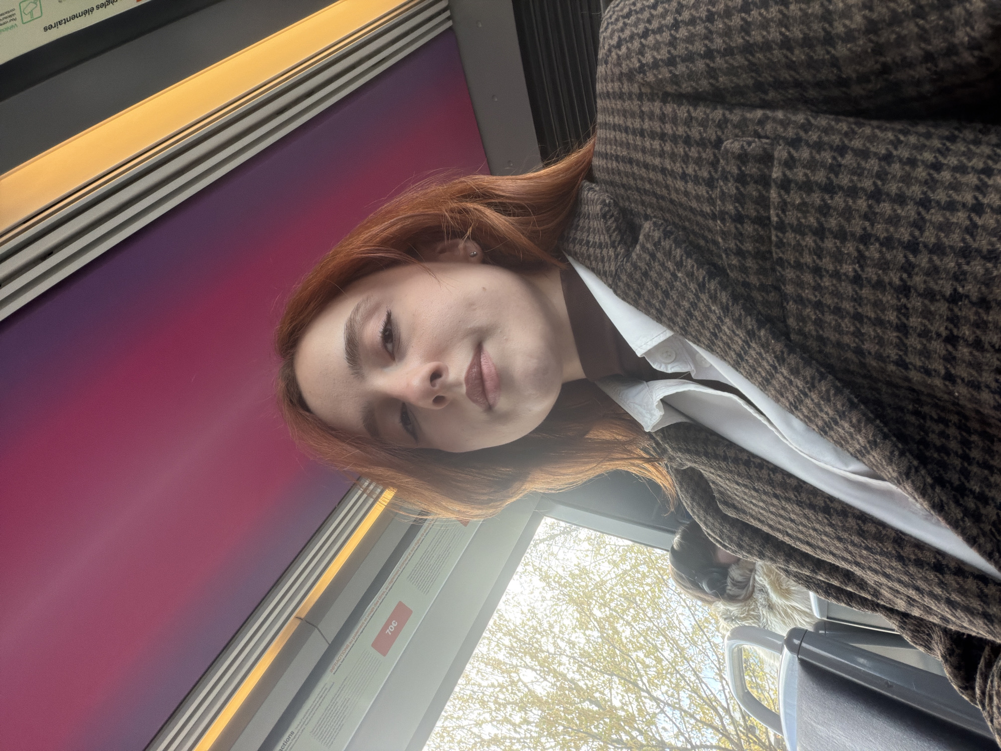 The scene depicts the interior of a public transport vehicle, likely a bus or tram, located in Les Trois-Domaines, France. A young Caucasian female with reddish-brown, medium-length hair is the primary subject, facing the camera directly with a neutral expression. She is wearing a brown and black houndstooth patterned blazer over a white collared shirt and a brown turtleneck. A small silver stud earring is visible in her left ear.
Behind and to the left of the primary subject, another individual with dark hair is partially visible, seated and appearing to rest or listen to audio through large dark headphones. They are partially covered by a light-colored, possibly fur or faux-fur, garment.
The vehicle's interior features grey plastic seats with metallic grab handles. The upper section of the interior wall or ceiling is decorated with a distinct pink and purple gradient panel, illuminated by a horizontal warm yellow LED light strip. Below this, a white panel displays French text, including "INFRACTIONS au paiement" (infringements regarding payment) and a red label marked "70C". Dark grey ventilation grates are also visible on the right side of the frame. Through a window on the left, bright daylight illuminates deciduous trees with light green or yellow foliage, suggesting a spring season.