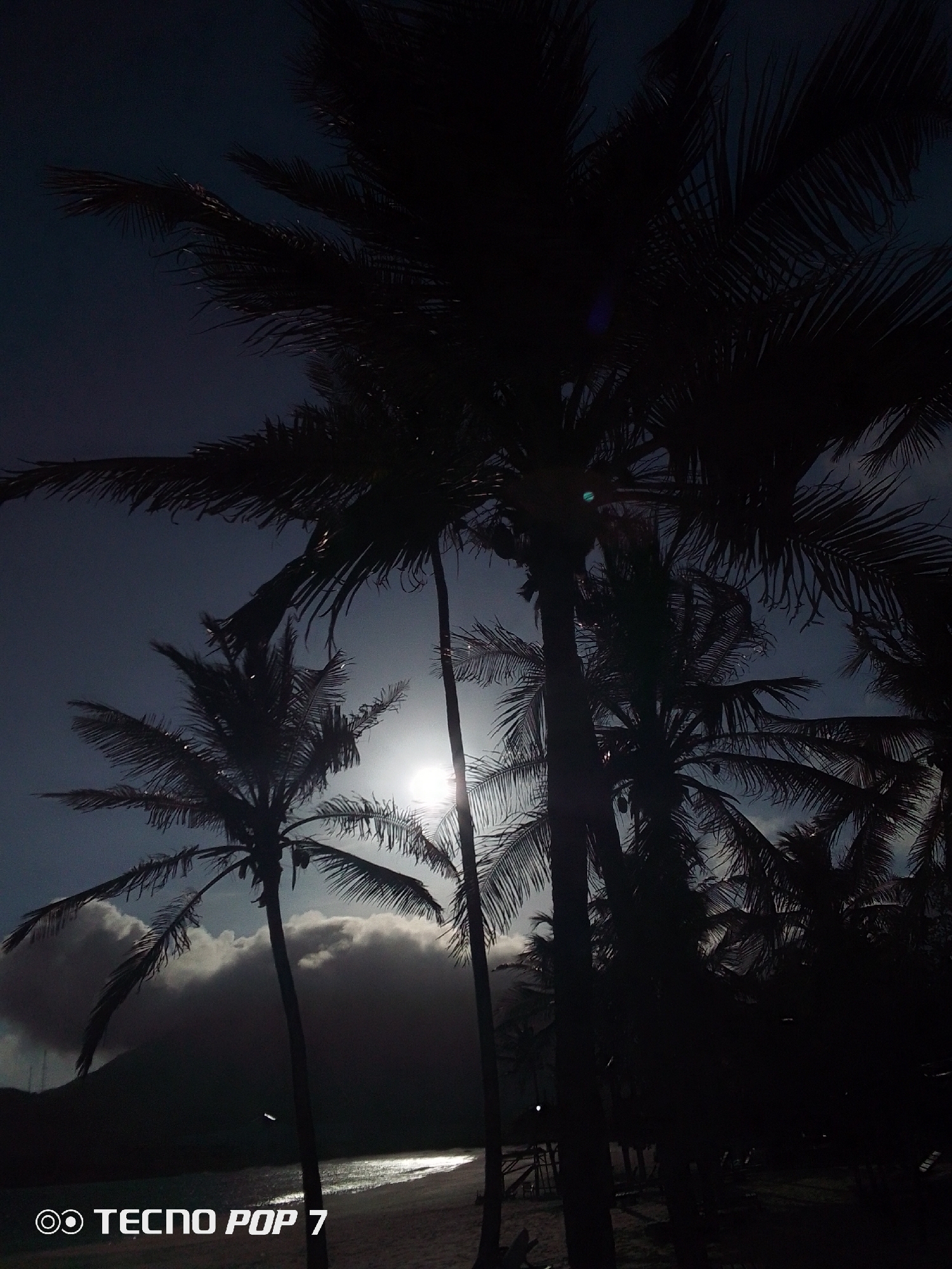 The media file presents a dramatic, low-angle landscape scene captured during twilight or night, featuring silhouetted palm trees against a dark, deep blue-purple sky. A powerful, bright white light source, resembling the moon or a setting/rising sun, is positioned centrally behind the trees, creating intense backlighting and a prominent lens flare. This light illuminates the edges of a large cloud formation on the horizon and casts a shimmering path across the calm waters of an ocean or bay.
In the foreground, several tall palm trees are rendered in stark silhouette, their fronds clearly detailed against the lighter sky and light source. To the left, a large mountain or hill is visible in the distance, partially obscured by dark, sprawling clouds. The bright reflection of the celestial body creates a glistening trail on the water, extending towards a sandy beach in the lower left portion of the image. The composition emphasizes the contrast between the brilliant light and the dark, natural elements, evoking a serene, tropical atmosphere. The scene is located in Pedro González, Venezuela. A "TECNO POP 7" watermark is visible in the bottom left corner of the image.