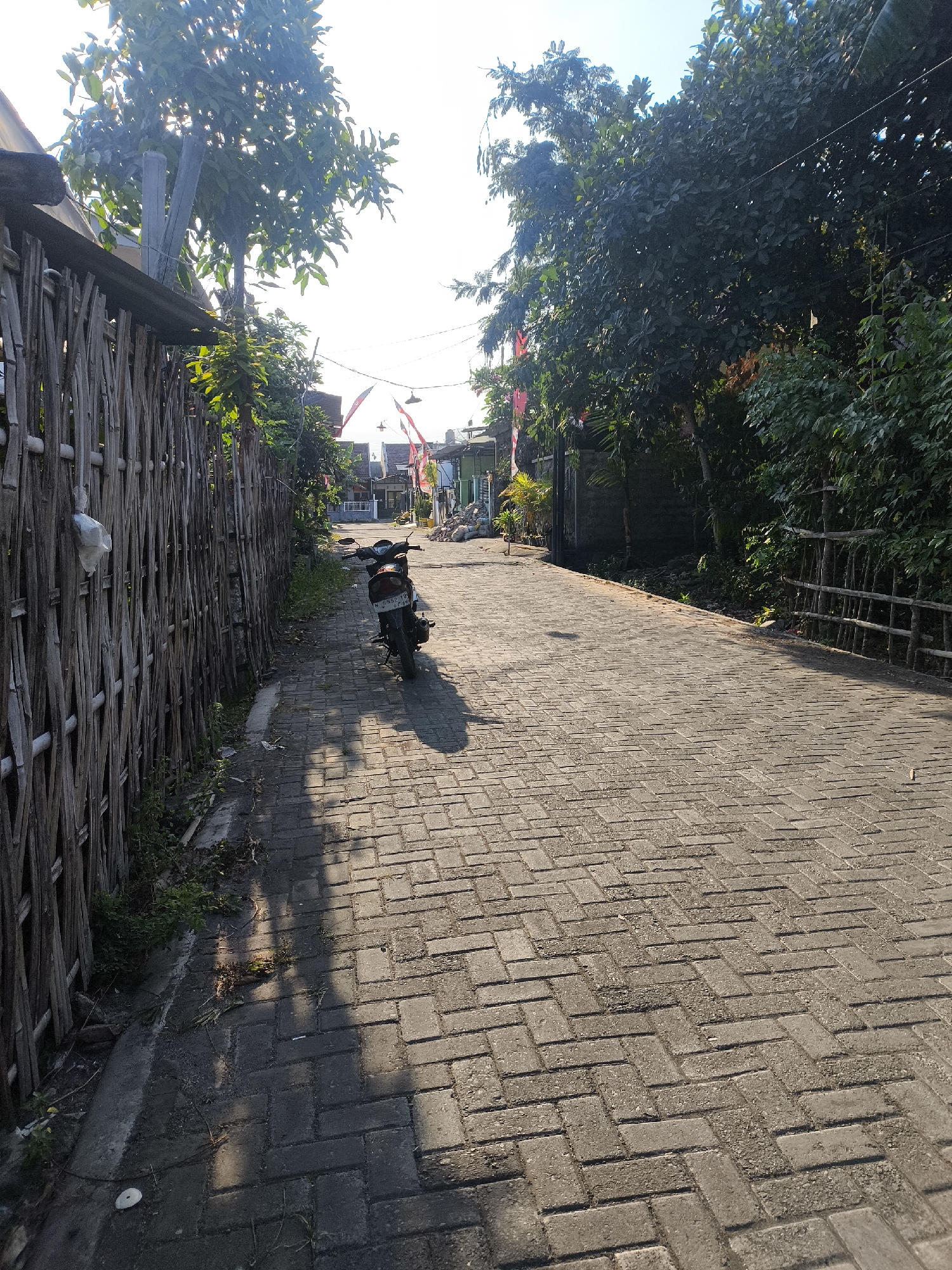 The image depicts a narrow, paved road in Lumajang, Indonesia, lined with a rustic bamboo fence on the left and lush foliage on the right. The road is constructed with interlocking rectangular bricks arranged in a herringbone pattern. Sunlight streams from the upper right, casting long shadows across the pavement.
A single black motorcycle is parked on the right side of the road, facing away from the viewer. Its license plate, partially obscured, reads "N 5957 VD". Red and white Indonesian flags are visible in the distance, suggesting a national holiday or celebration. The surrounding environment consists of dense green trees and some houses with tiled roofs, indicating a residential area. A white plastic bag is attached to the bamboo fence on the left. The overall atmosphere is one of a quiet, sun-drenched street in a tropical setting.