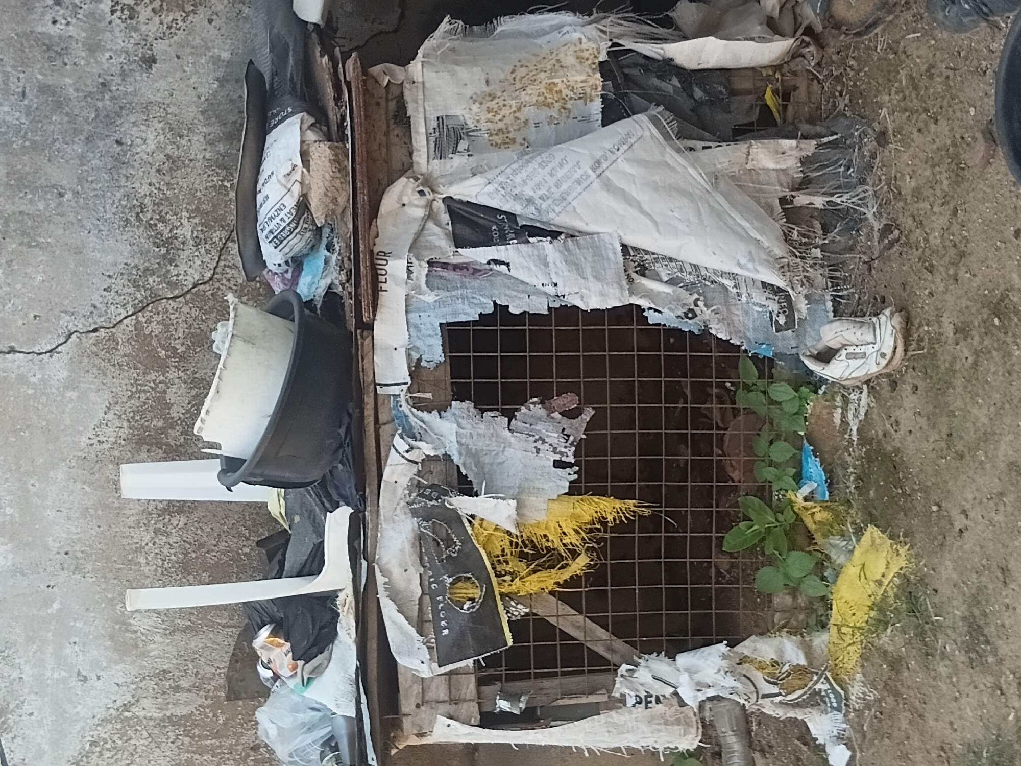 The image depicts a messy outdoor scene, likely in Jalingo, Nigeria, as indicated by the context. The primary subjects are a collection of discarded materials, including torn plastic bags, fabric scraps, a metal grate, and some greenery growing through the grate. There are also what appear to be parts of broken plastic furniture. The setting is an unkempt area with a concrete ground.
The visible text on the debris includes "STORE", "FLOUR", "CHEAT & VITAIN", "INGRED EN", "ENZYM/LIP", "GIC FLOOR", and other unreadable fragments in what appears to be Cyrillic script. The overall impression is one of neglect and waste accumulation. There is no indication of a specific time of day or weather conditions, other than it being outdoors. No people are visible, and the scene evokes a sense of disarray rather than any particular emotion. The focus is on the accumulation of trash and a small patch of wild plants struggling to grow amidst the refuse.