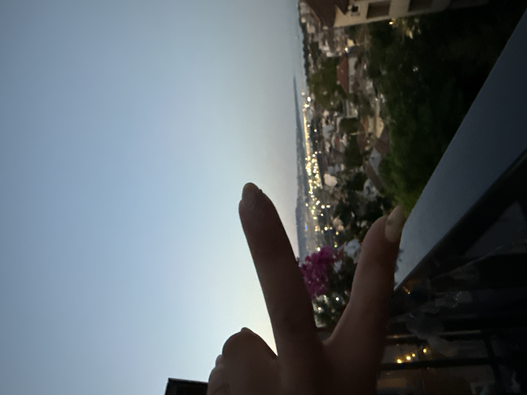 A hand is held up in the foreground, fingers extended in a peace sign gesture. The fingers are slightly out of focus, with the thumb and index finger prominently visible. Behind the hand, a city skyline stretches out in the distance. Buildings of various sizes and styles are scattered across the landscape, some with illuminated windows suggesting it is dusk or night. A body of water, possibly a river or a bay, can be seen on the horizon, reflecting the city lights. The sky is a pale blue, transitioning to a darker hue as it reaches the top of the frame, indicating the time of day is either sunrise or sunset. Some greenery, including trees and possibly flowering plants, is visible in the mid-ground, partially obscuring the city. The scene appears to be captured from an elevated position, such as a balcony or a rooftop.