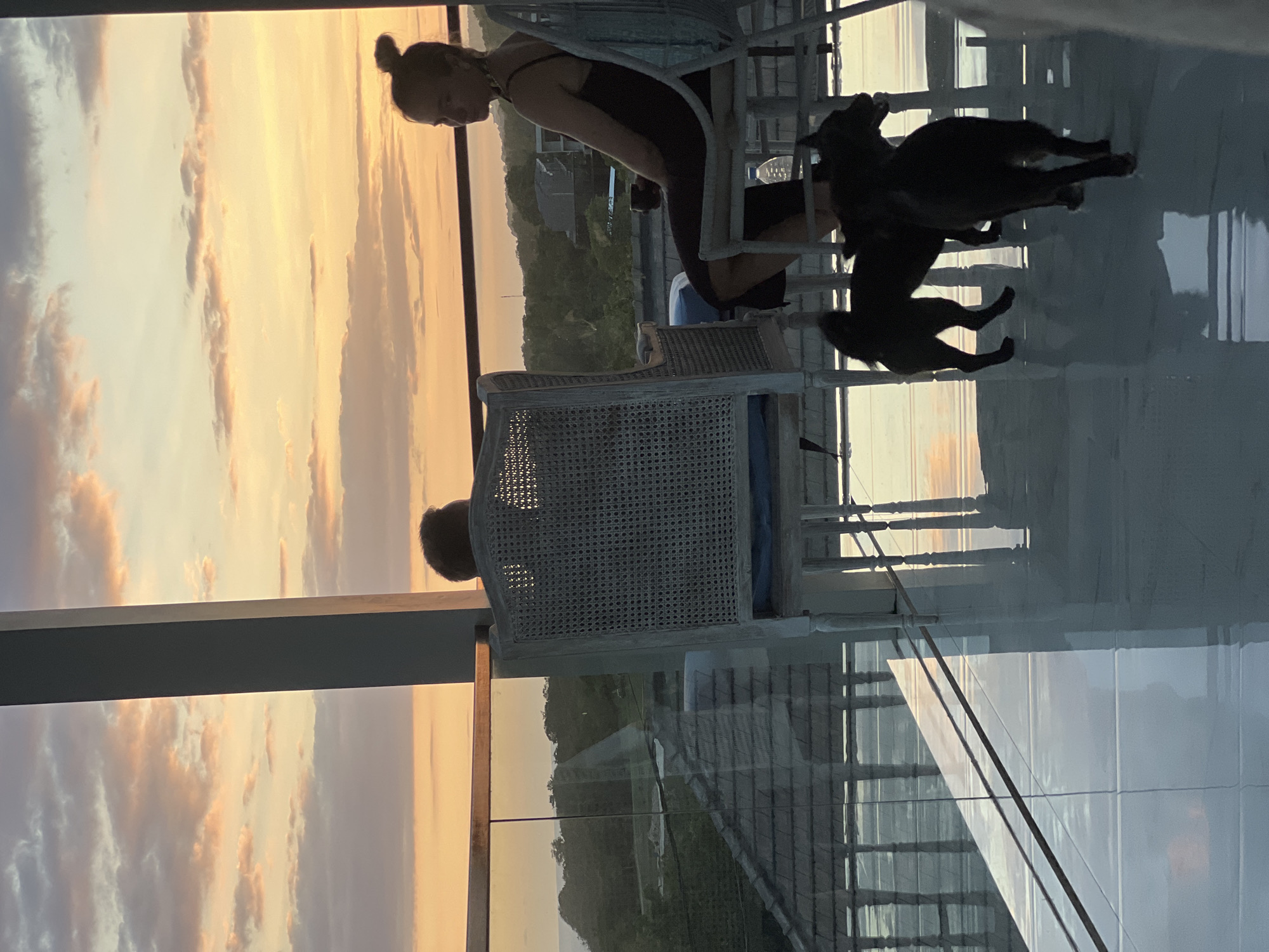 Here is a detailed description of the image:
The image shows two people and two dogs on a balcony or patio, likely during sunset. One person, wearing a dark swimsuit, is bending over, possibly interacting with the dogs. The dogs are black, and appear to be playing or running around. Another person is seated in a wicker chair with a blue cushion. The balcony or patio is tiled with light-colored material, and there are clear barriers that provide a view of the landscape and the sky. The sky is filled with clouds that are illuminated by the colors of the setting sun, creating a warm, colorful backdrop. The location is presumed to be Unknown.