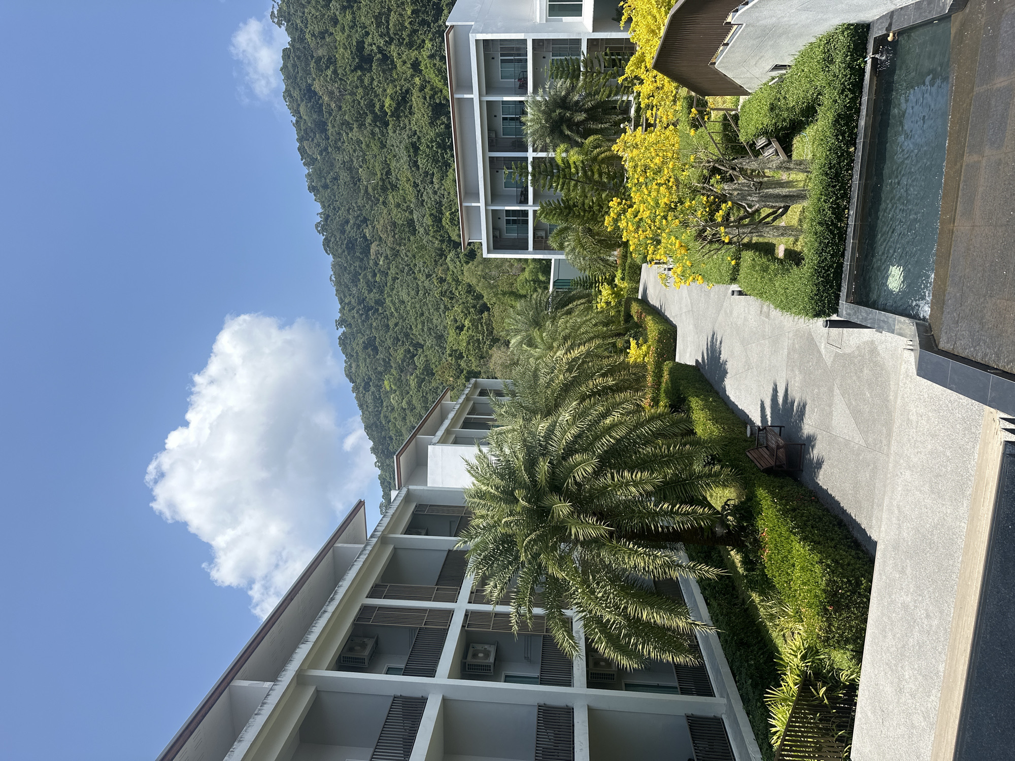 The image shows a hotel complex situated in Baan Klong Prao, Thailand. The complex consists of multiple multi-story, white buildings with balconies, interspersed with tropical vegetation. Palm trees are a prominent feature, along with flowering trees and manicured shrubbery. A mountain covered in dense forest forms the backdrop. A paved walkway runs through the complex, leading to a water feature that appears like a small, rectangular pool. The sky is blue with a scattering of clouds. There are no people visible in the image.