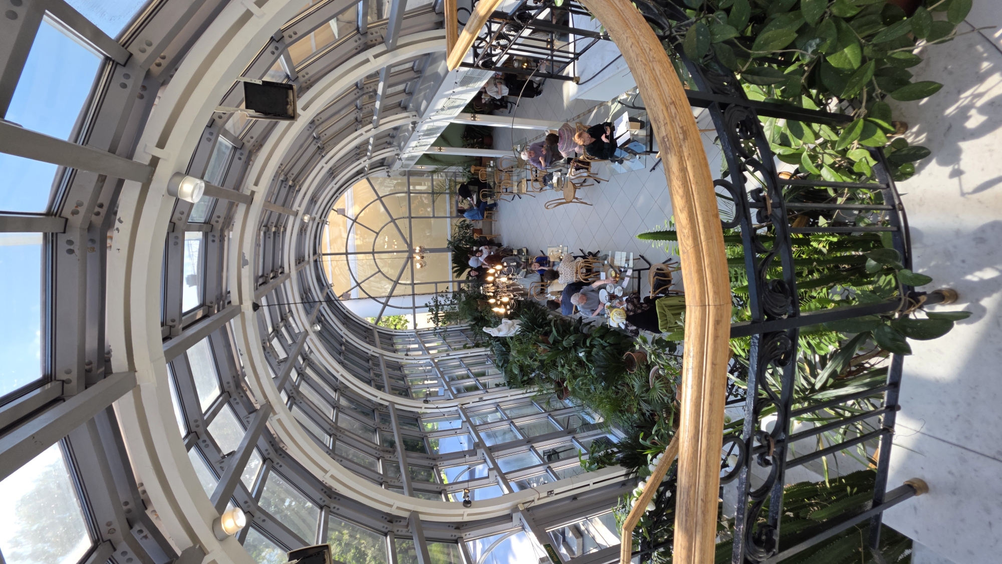 Captured from an elevated perspective, the scene depicts the interior of a round building with a glass roof, potentially a greenhouse or a conservatory. The building features curved architectural beams that support the glass roof and walls. Tables and chairs are arranged in the center of the space, occupied by individuals who seem to be dining or socializing. Lush greenery, including potted plants and climbing vines, is interspersed throughout the seating area, contributing to the indoor garden aesthetic. A decorative railing with intricate patterns and wooden accents runs along the edge of the elevated area where the photo was taken. Based on the architectural style and the presence of lush greenery, this image may be the interior of the botanical gardens of Saint Petersburg, Russia.