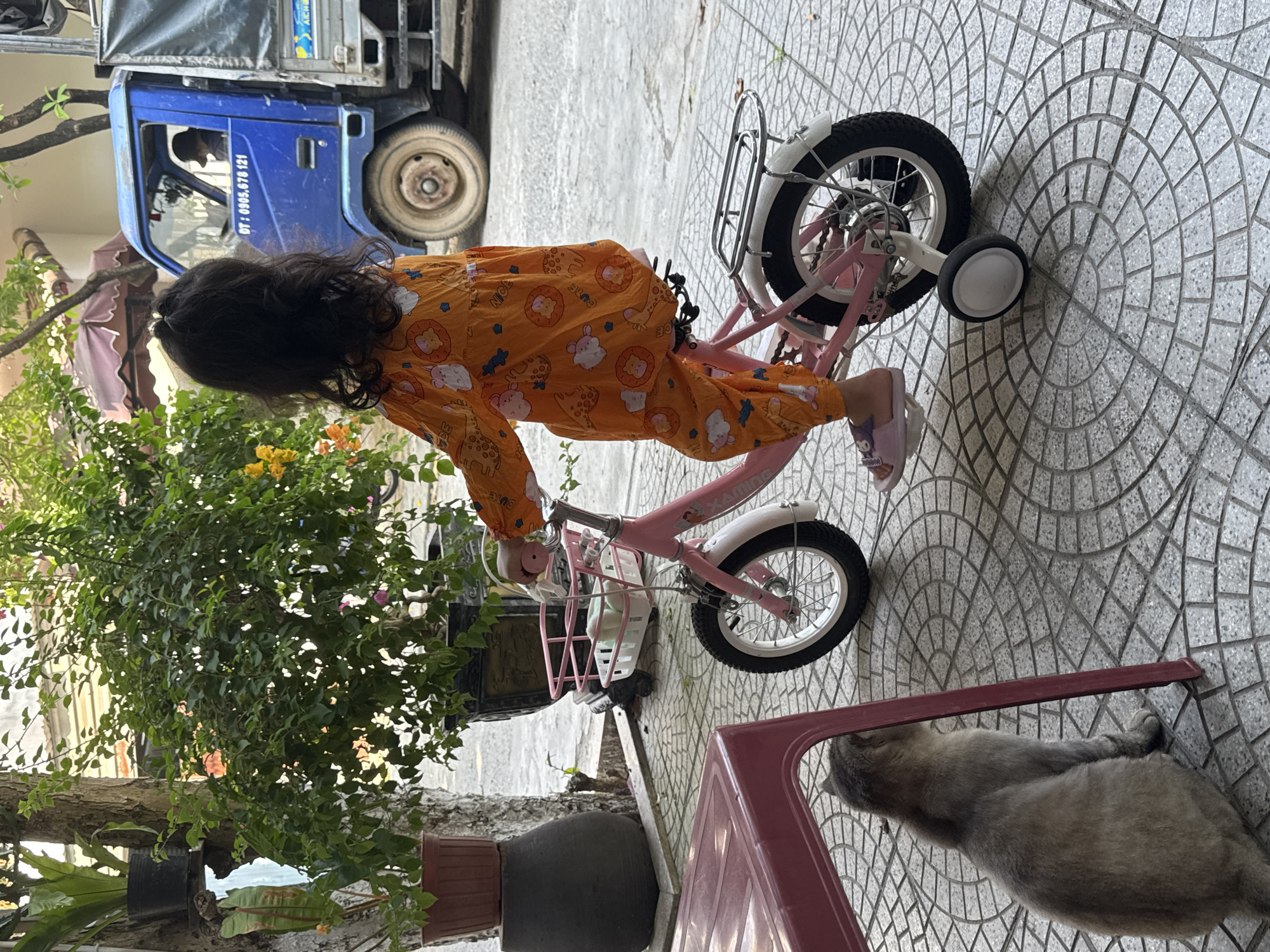 A young child in an orange pajama set with cartoon animal prints is riding a pink bicycle with training wheels on a tiled surface. A gray cat is lying on the ground next to a red plastic chair. A green tree or bush is to the left of the bicycle. A blue truck with Vietnamese text is partially visible in the background. The location appears to be Đà Nẵng, Vietnam, based on the text on the truck.